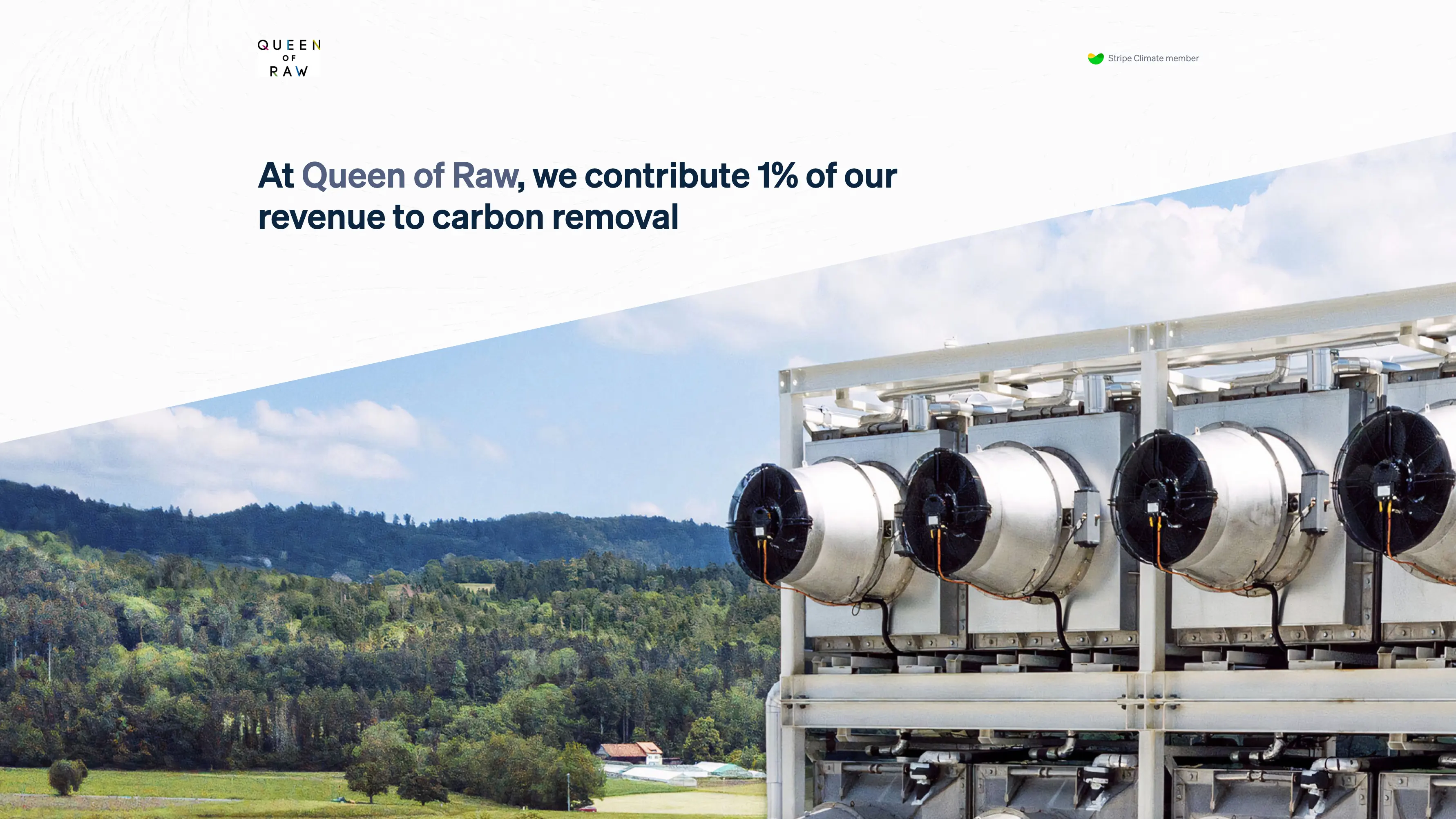 Screenshot of Stripe Climate’s landing page highlighting Queen of Raw’s (Aloqia’s) investment and commitment to carbon reduction. 