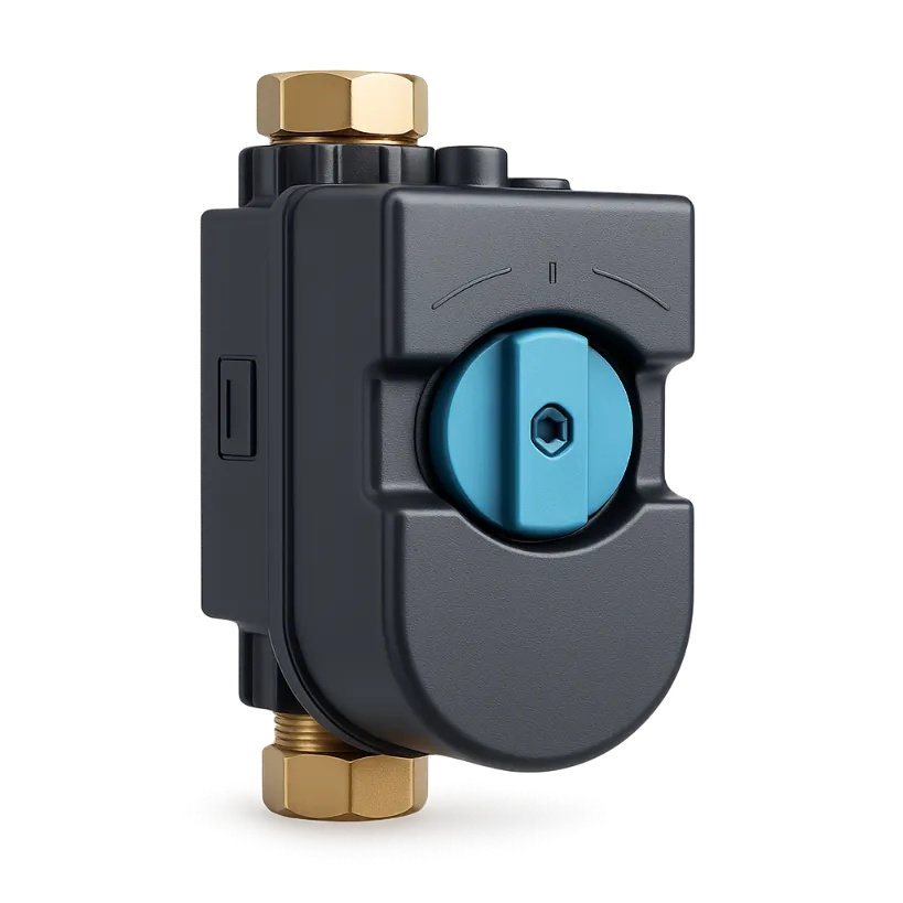 Smart whole-home water shutoff valve device with blue manual override dial and brass compression fittings, isolated on white.