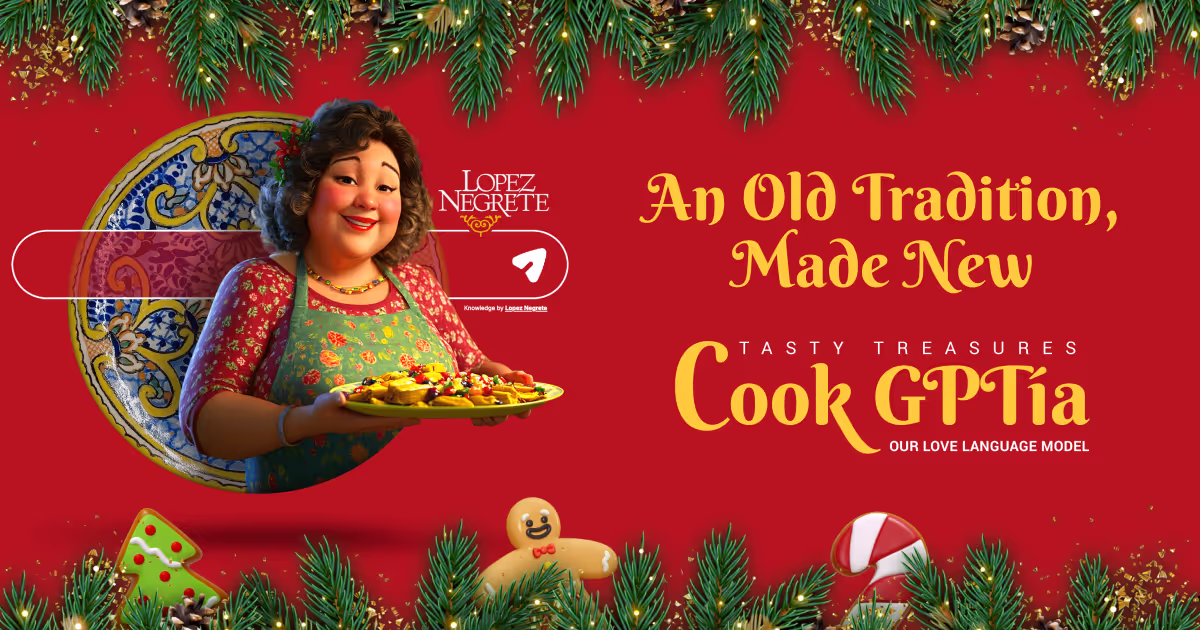 Animated woman in festive apron holding a plate of colorful food, with a red background framed by pine branches and Christmas cookies, text reads 'An Old Tradition, Made New - Tasty Treasures Cook GPTia Our Love Language Model'.