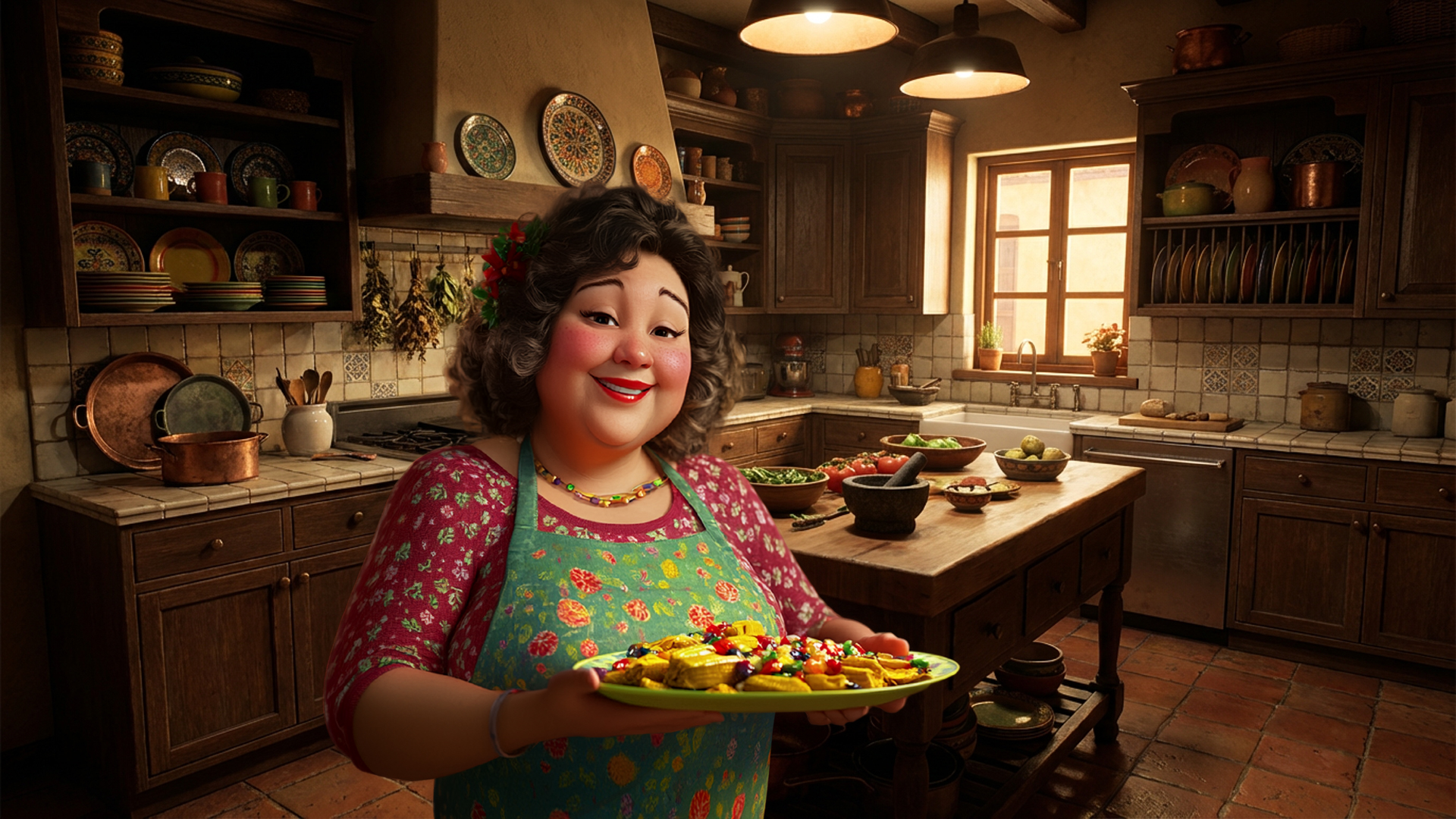 Smiling woman in a floral apron holding a plate of decorated pastries in a rustic kitchen.