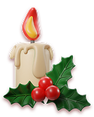 Burning candle with melted wax and holly leaves with red berries at the base.