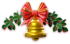 Gold Christmas bell with red bow and green holly leaves with red berries.