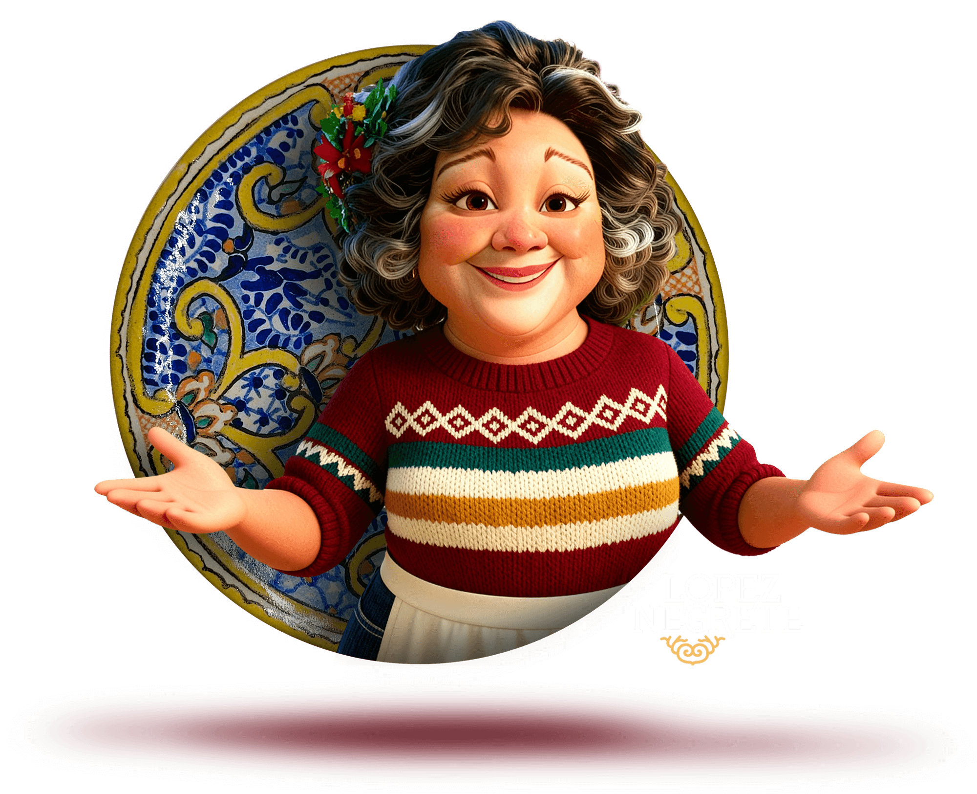 Meet GPTía. Animated woman with curly gray and black hair wearing a red sweater with white, green, and mustard stripes, smiling with outstretched arms in front of a decorative ceramic plate.
