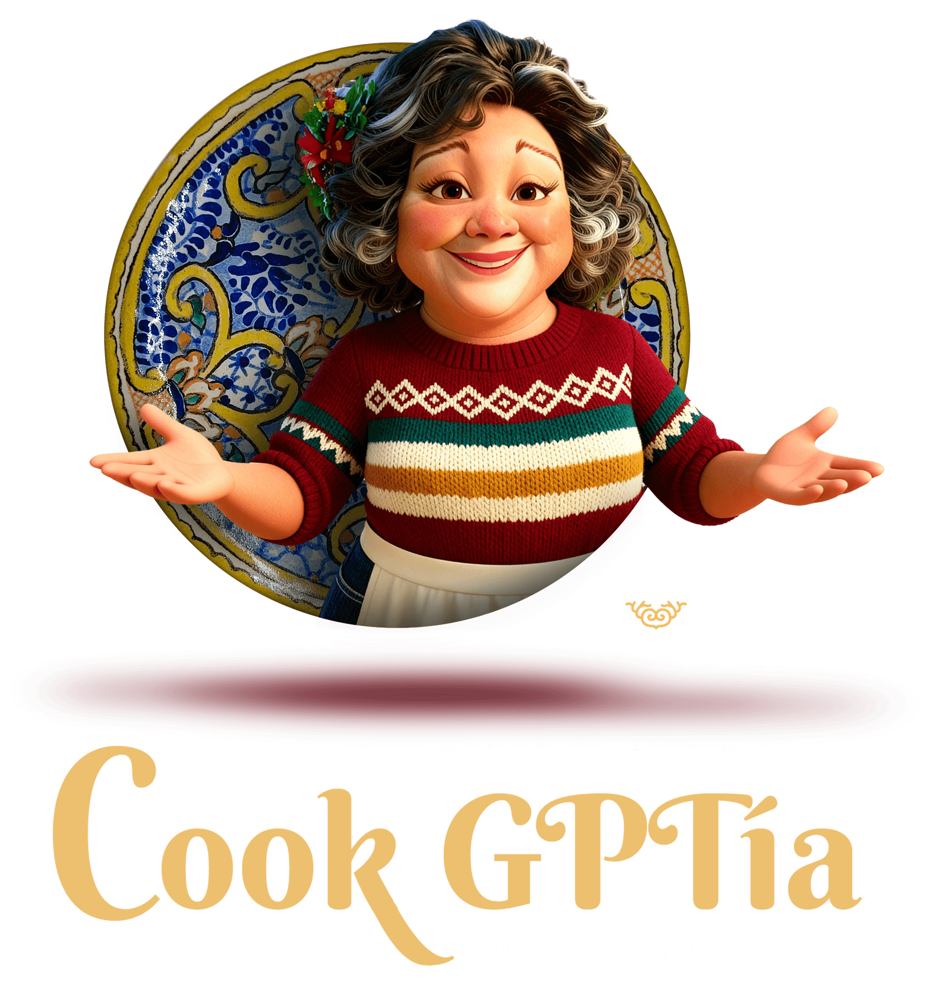 Smiling animated older woman wearing a colorful sweater and apron, standing in front of a decorative ceramic plate with text 'Lopez Negrete' and 'Tasty Treasures Cook GPTía Our Love Language Model'.