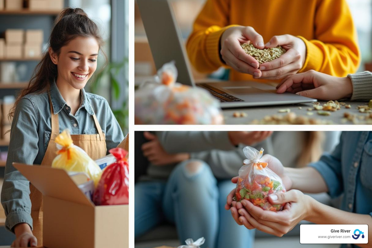 Image of a collage showcasing different types of giving activities like volunteering, donating online, and dropping goods in a donation box - workplace giving programs
