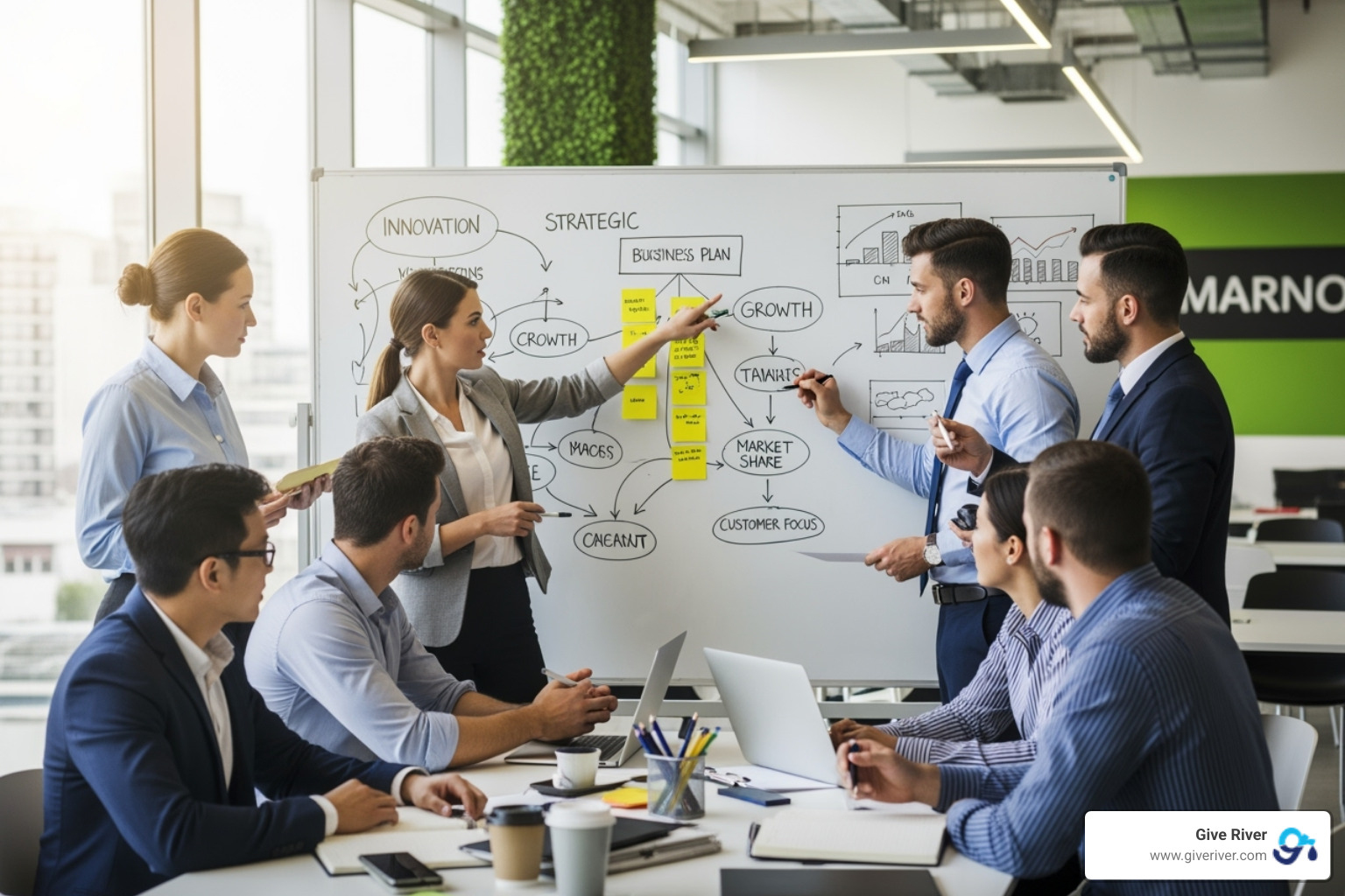 A diverse team collaborating on a whiteboard, planning a program, symbolizing strategic design and collective effort - corporate recognition award programs