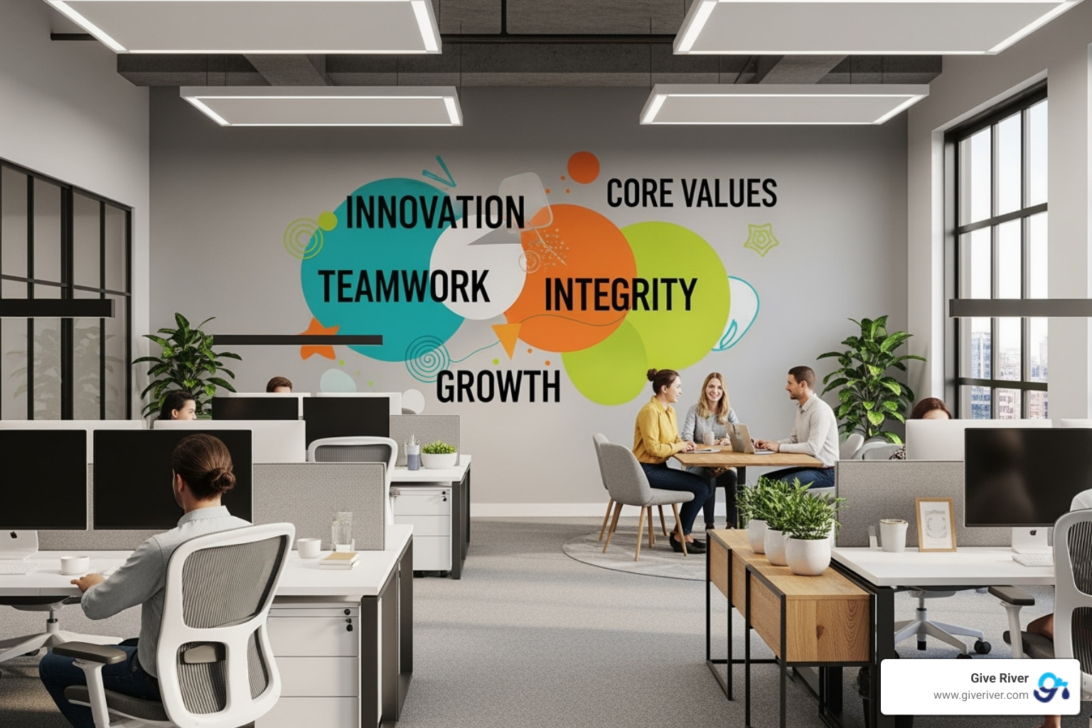 A vibrant office with company values displayed on a wall, showcasing a positive and value-driven work environment - corporate recognition award programs