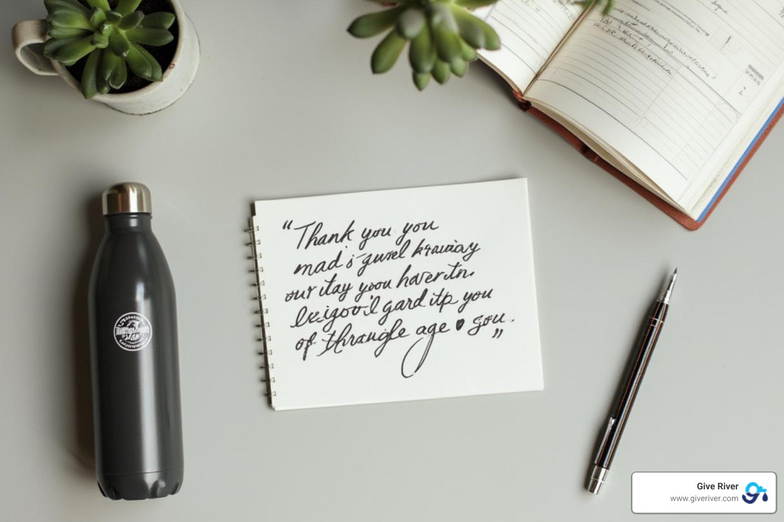 A flat-lay featuring a handwritten note, a small desk plant, a journal, and a branded water bottle - employee engagement gifts A flat-lay featuring a handwritten note, a small desk plant, a journal, and a branded water bottle - employee engagement gifts
