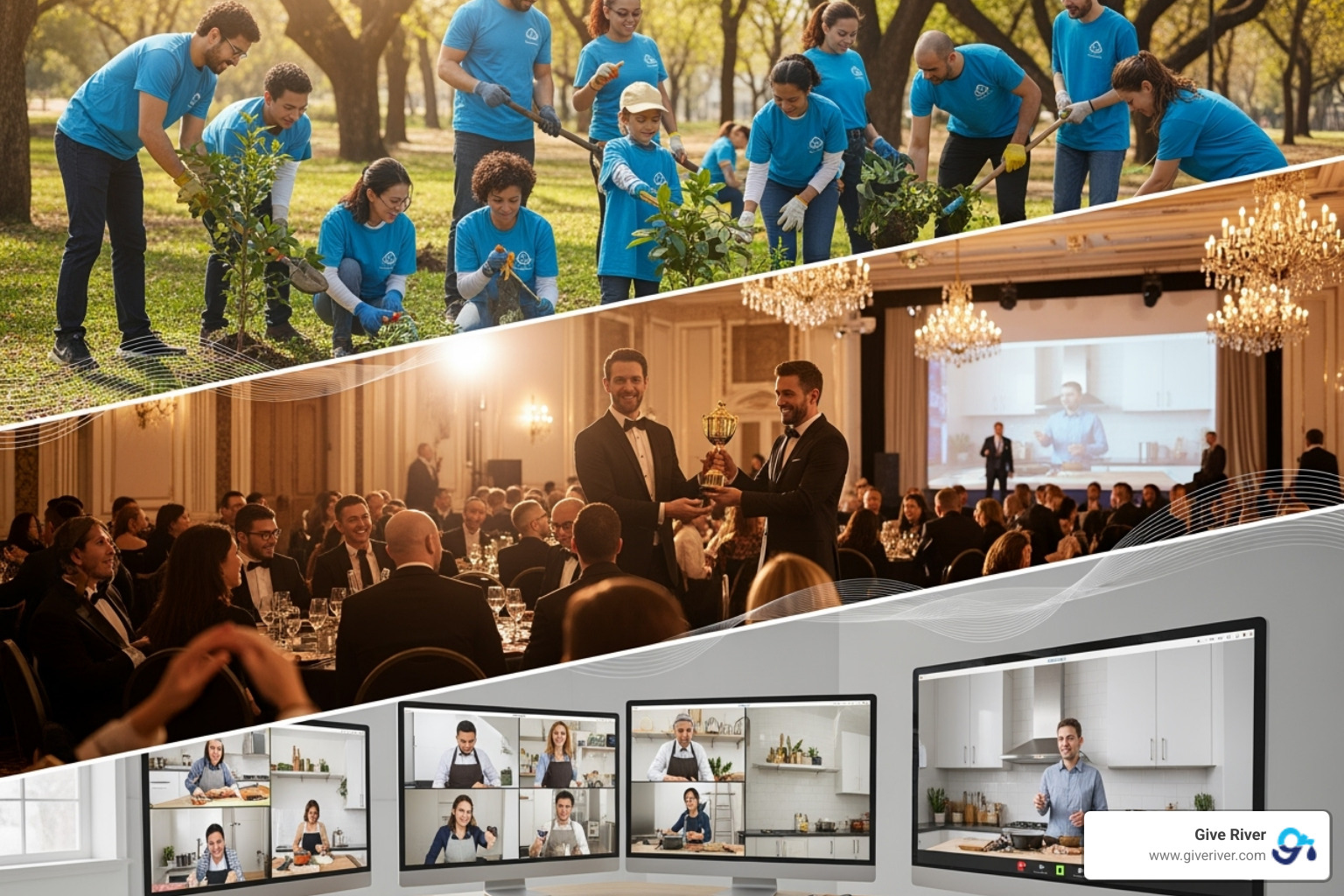 Collage showing diverse event types: volunteering team, awards gala, virtual cooking class