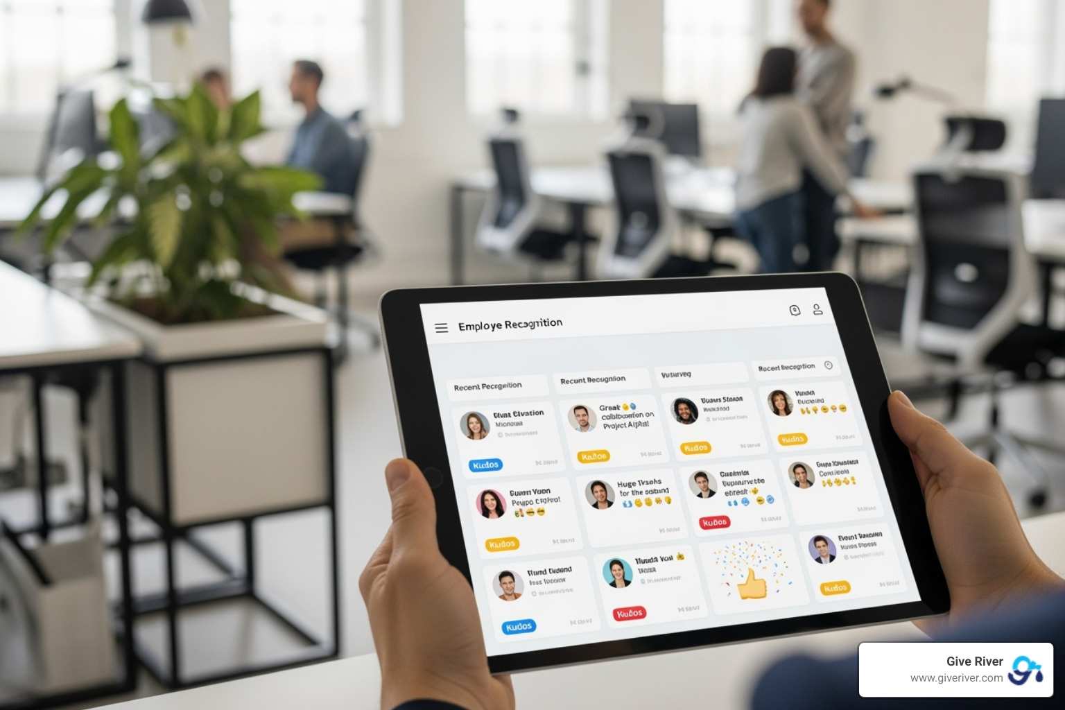 Digital recognition platform feed on a tablet, showing employees giving each other kudos