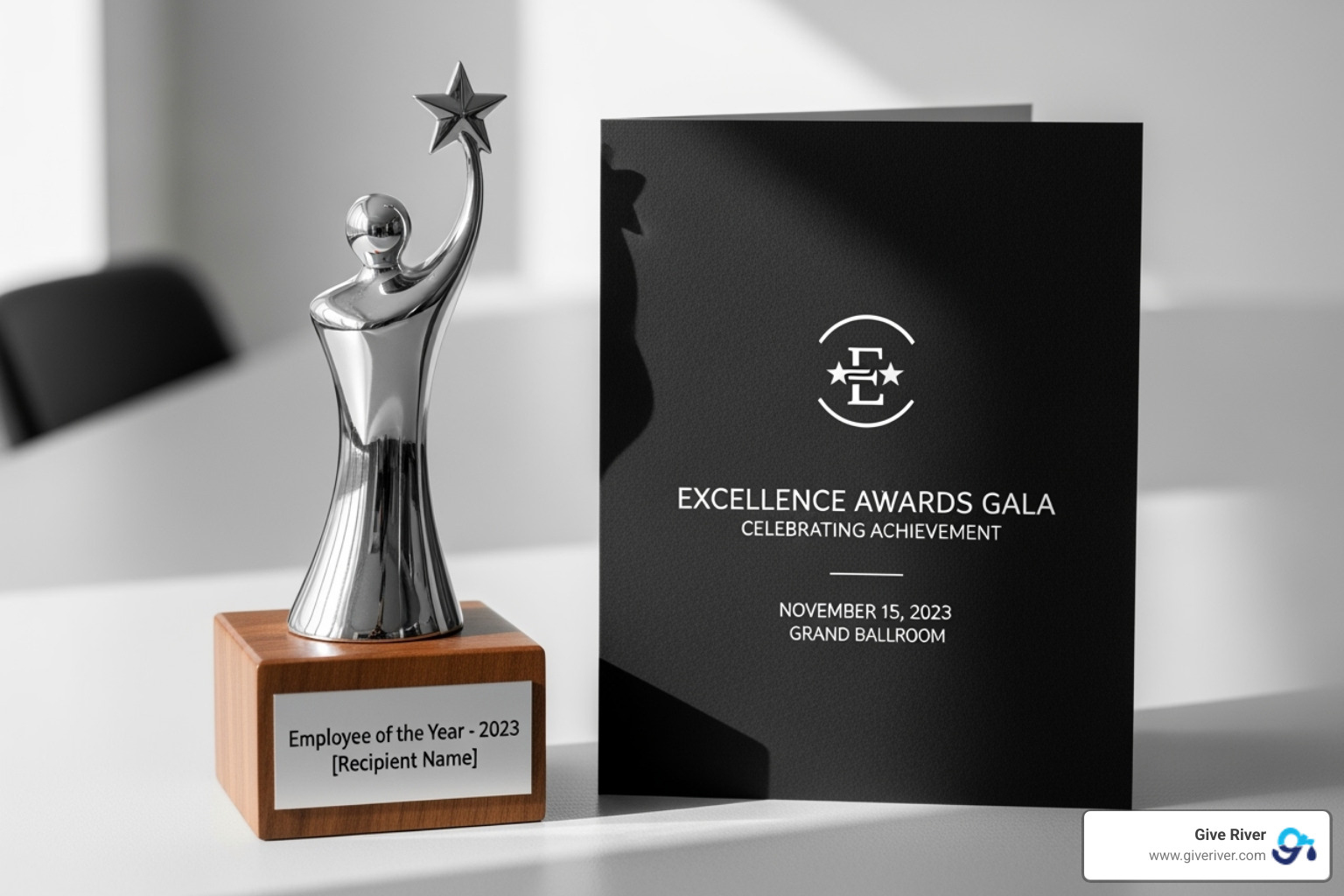 Personalized award trophy next to a custom-branded event invitation