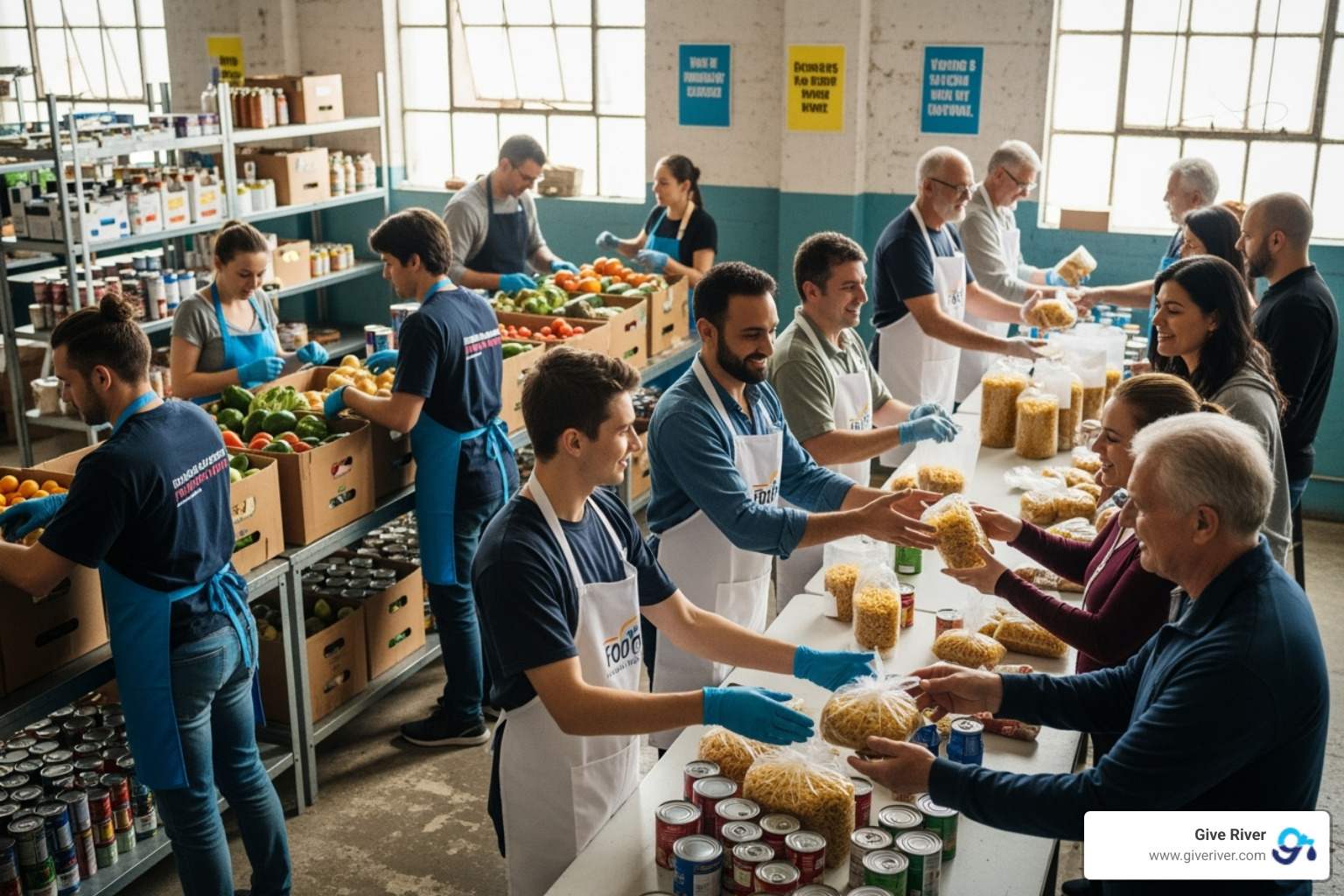 A team volunteering at a local food bank - workplace wellness program ideas