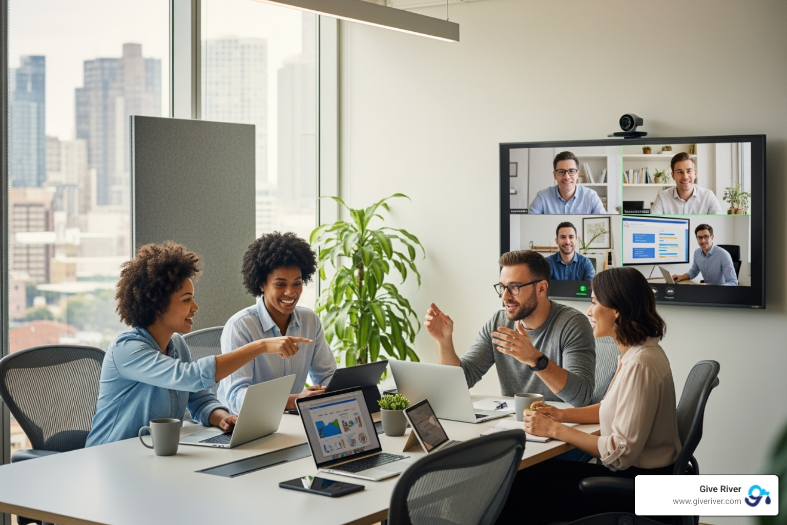 a diverse and happy team collaborating in a hybrid office setting - free peer-to-peer recognition software