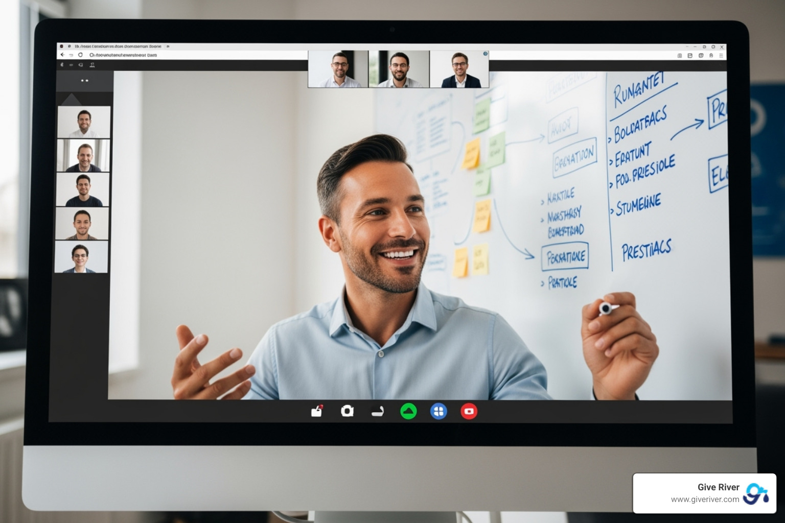 Manager leading an engaging virtual meeting with a whiteboard - virtual community building
