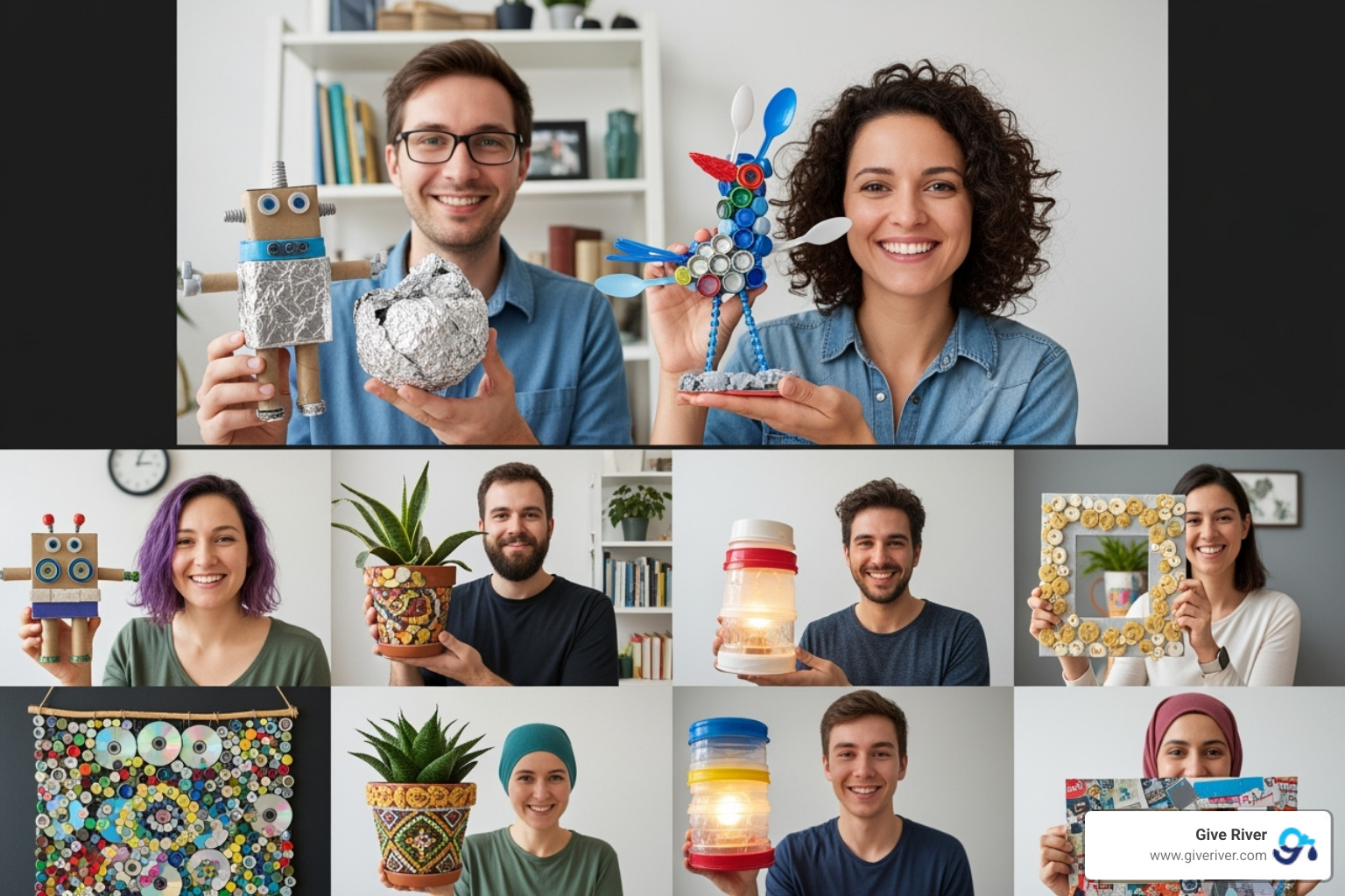 Remote employees showing off their creations from a virtual craft challenge, with various household items repurposed into artistic forms. - team builders for remote workers