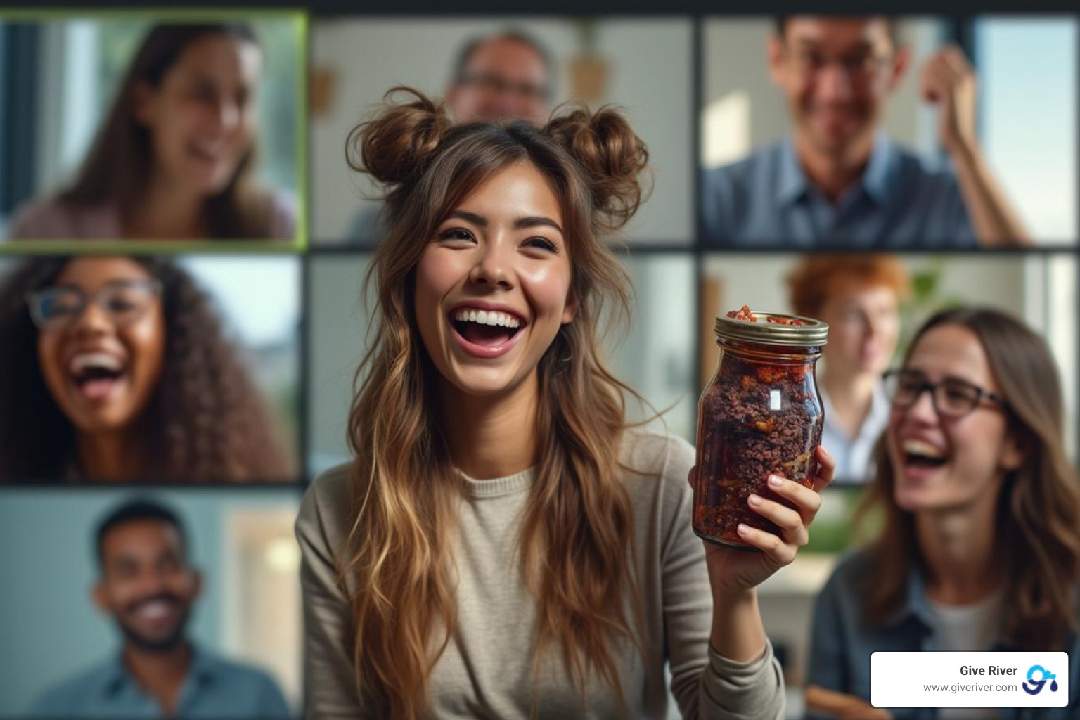 A diverse remote team laughing during a virtual "Show and Tell" session, with one member holding up a quirky item. - team builders for remote workers