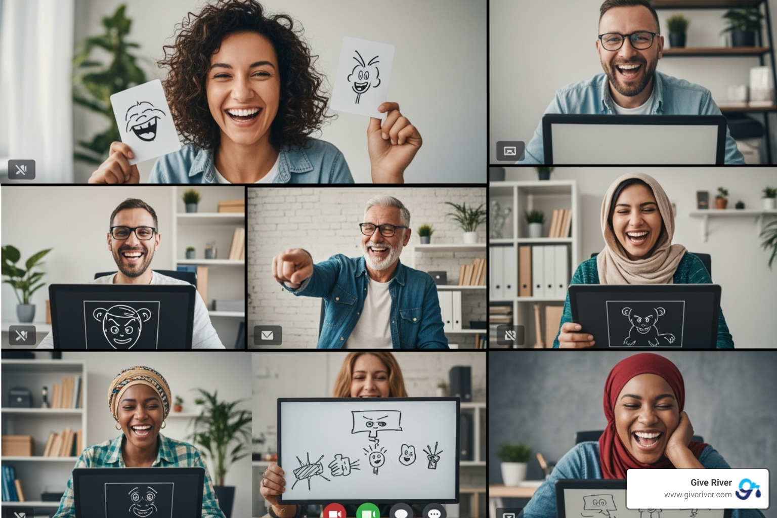 A diverse remote team laughing and playing a game on a video call - games for colleagues working from home