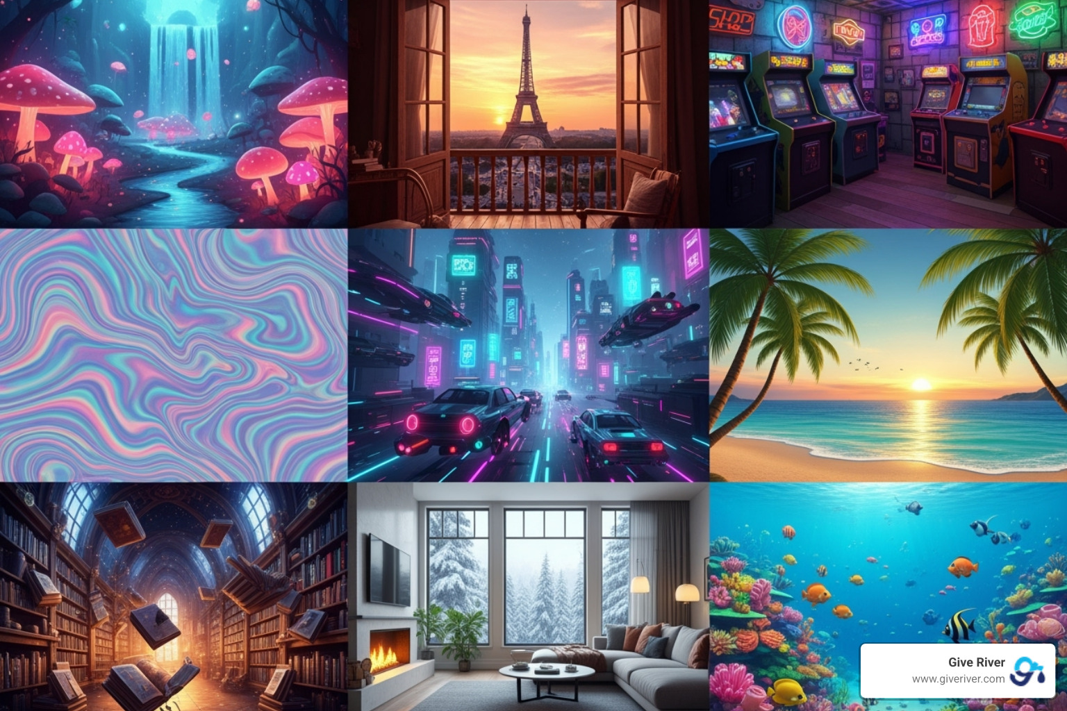 A collage of fun virtual backgrounds for a "Background Challenge" - remote working icebreaker games