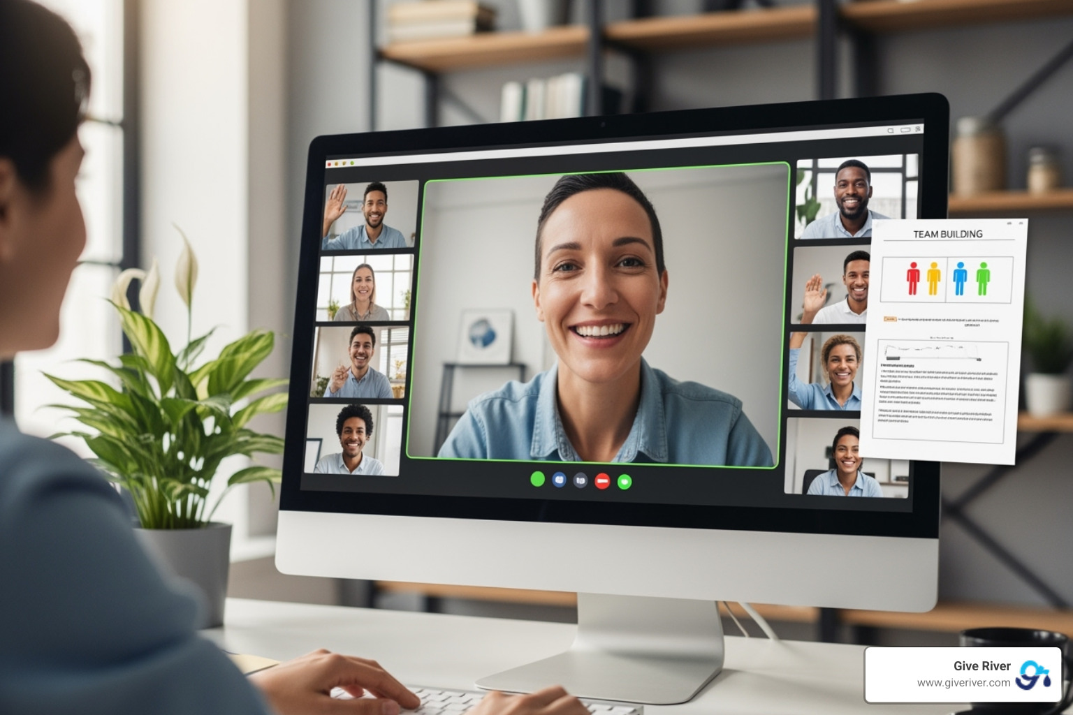 A meeting facilitator smiling and guiding a virtual team activity - remote working icebreaker games