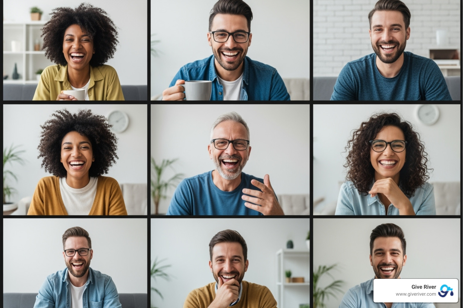colleagues laughing during a virtual coffee chat - remote working team engagement ideas