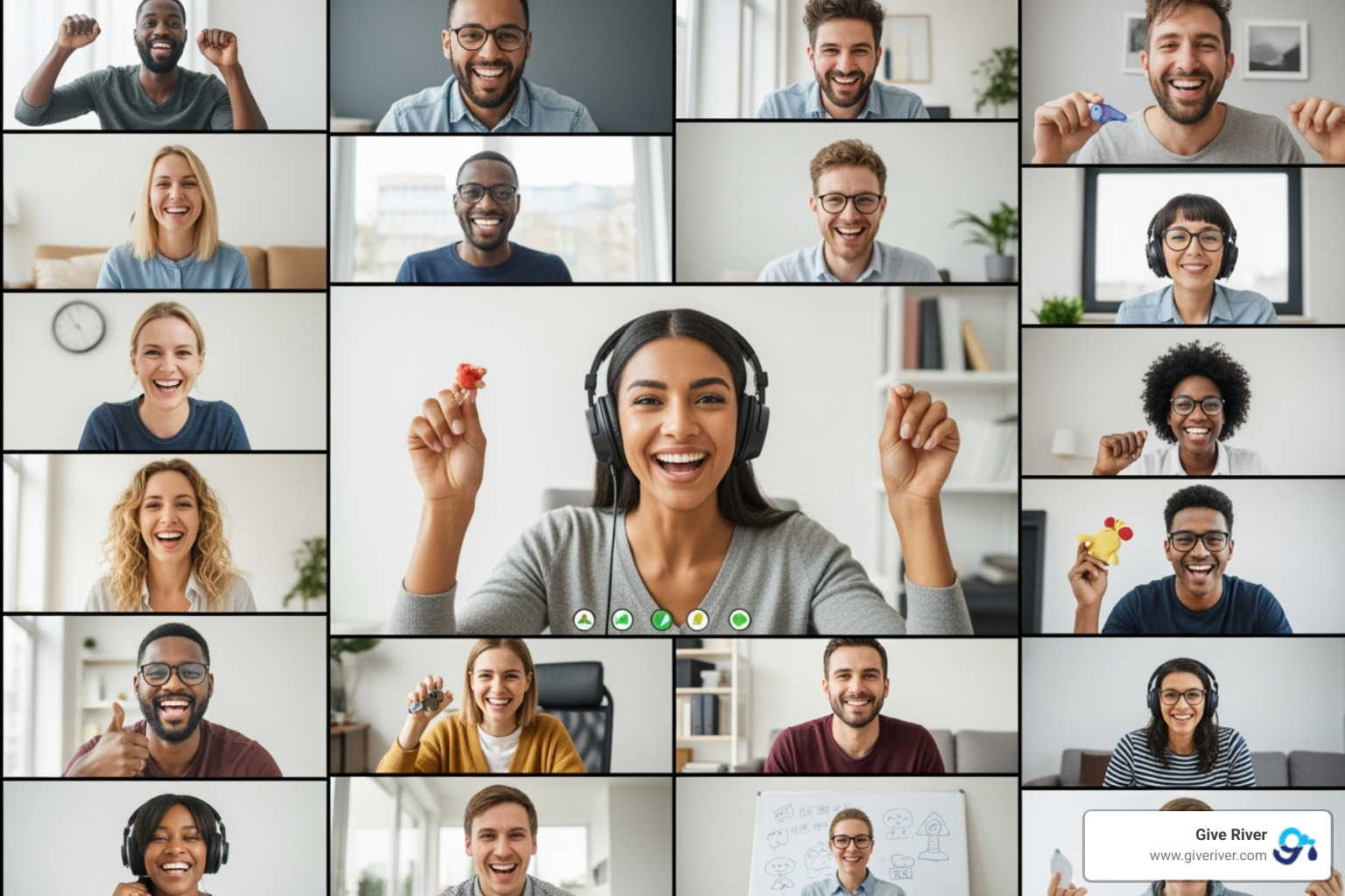 A diverse group of remote employees engaged in a lively virtual team-building activity, with smiles and active participation on their video call screens - corporate virtual fun activities