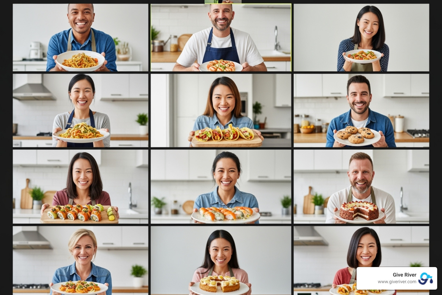 A group of colleagues participates in a virtual cooking class, smiling and holding up their culinary creations to the camera - corporate virtual fun activities