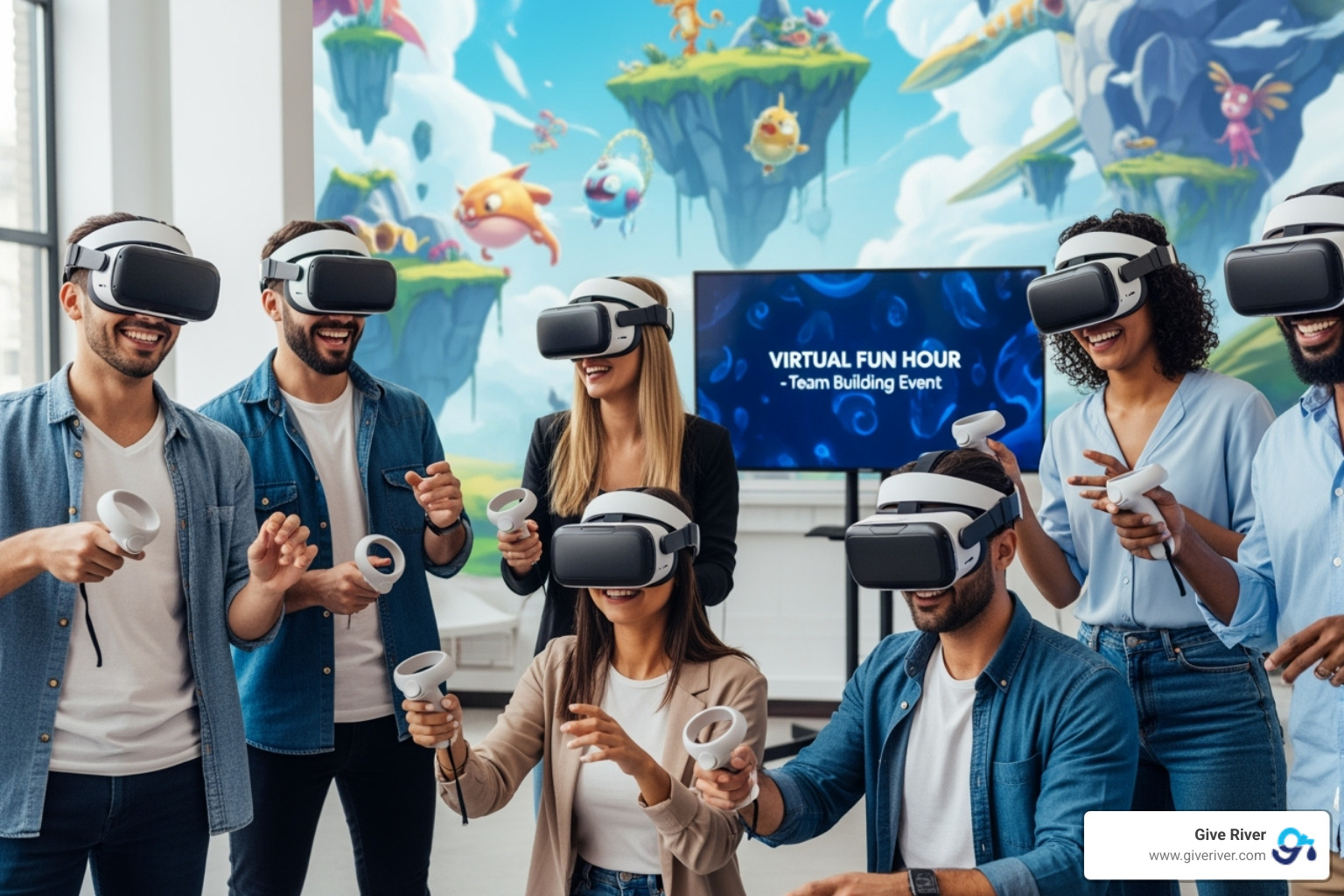 A diverse team collaborates on a virtual whiteboard during an online game, laughing and pointing at their screens - corporate virtual fun activities