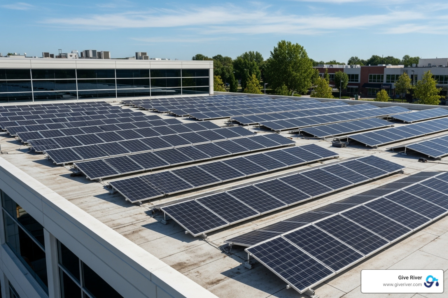 Image of solar panels on a commercial building roof - csr activity example Image of solar panels on a commercial building roof - csr activity example
