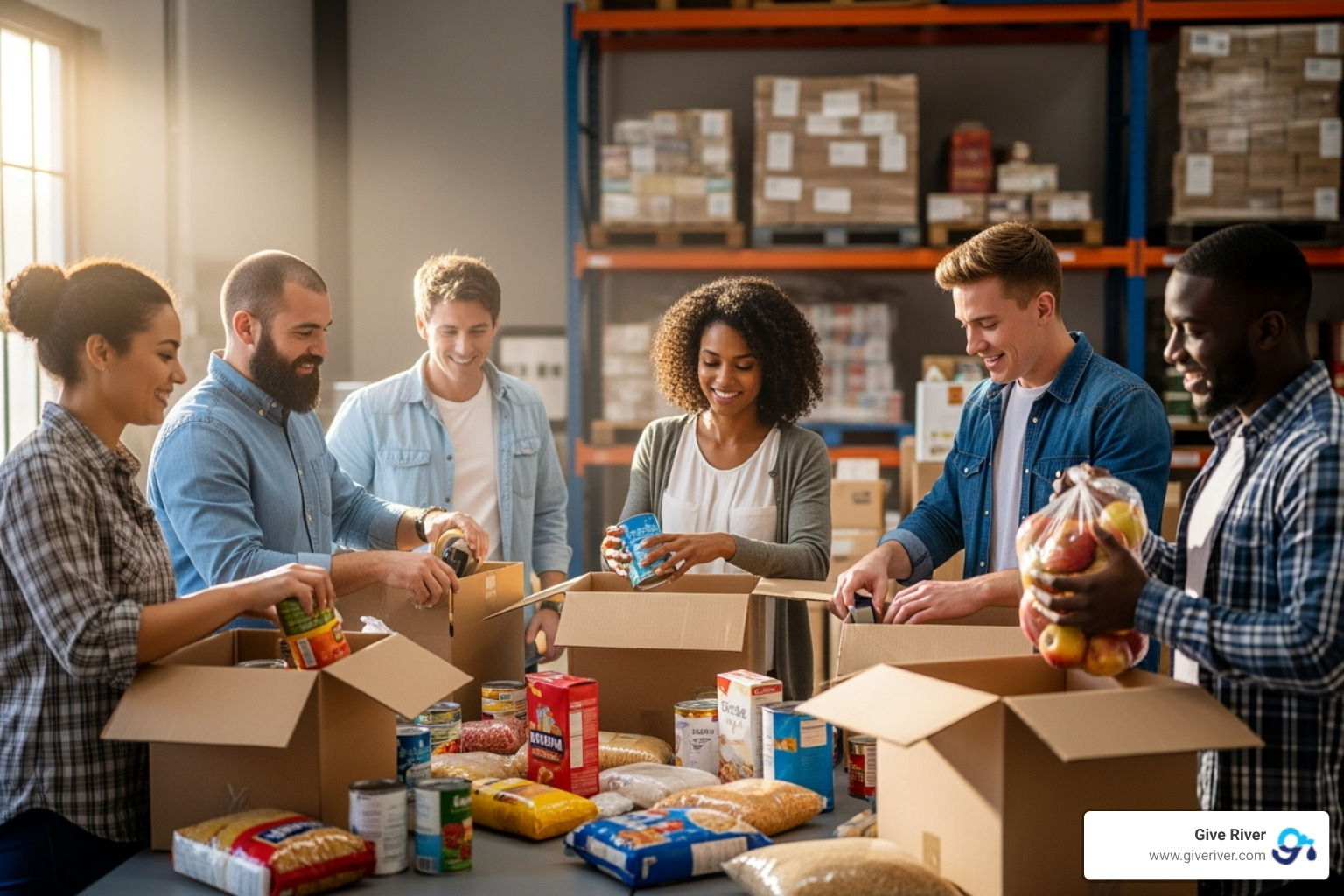 Image of employees packing donation boxes at a food bank - csr activity example Image of employees packing donation boxes at a food bank - csr activity example