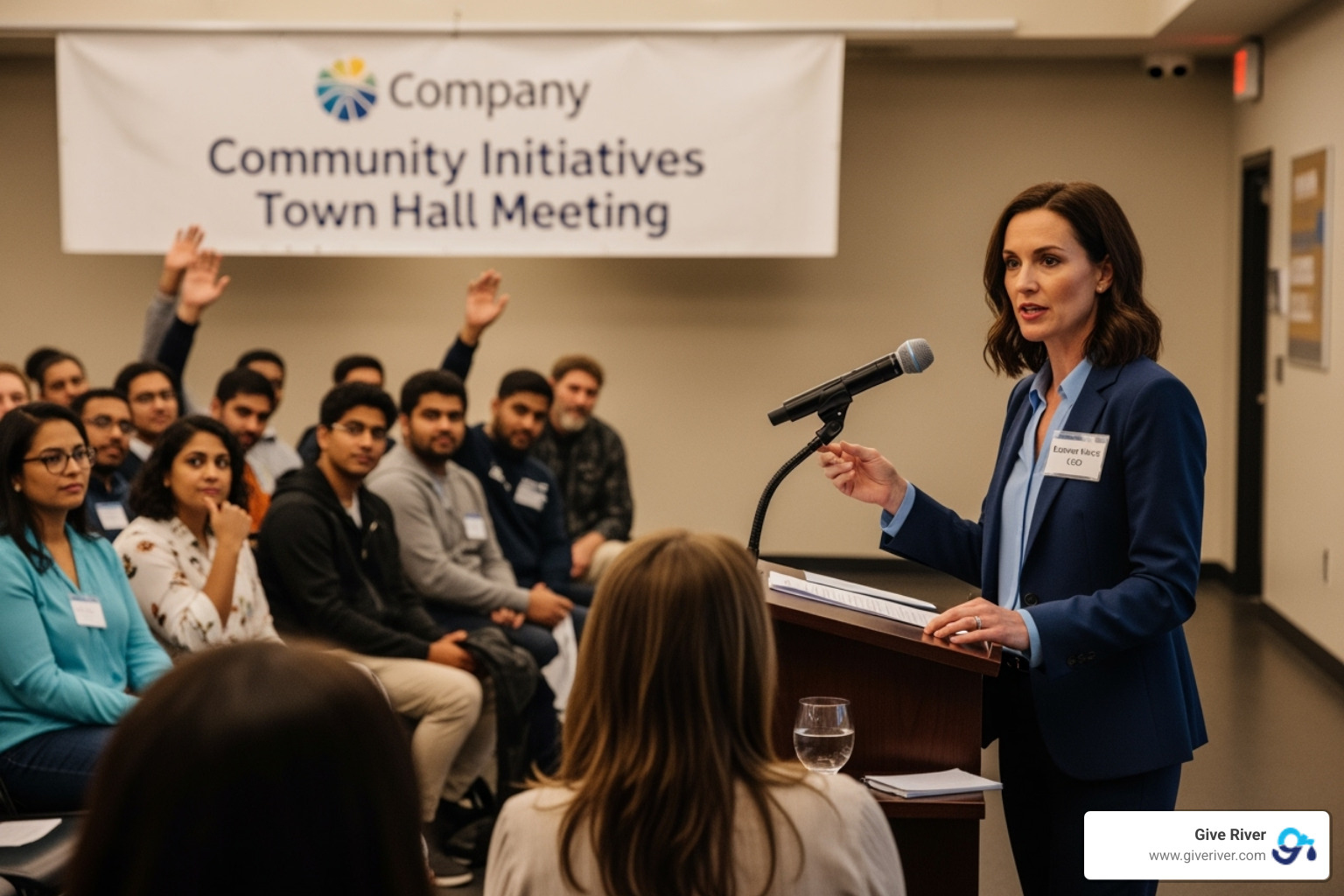 Company leader speaking at a community town hall event, engaging with local residents and answering questions about the company's new community impact initiatives - csr programme meaning