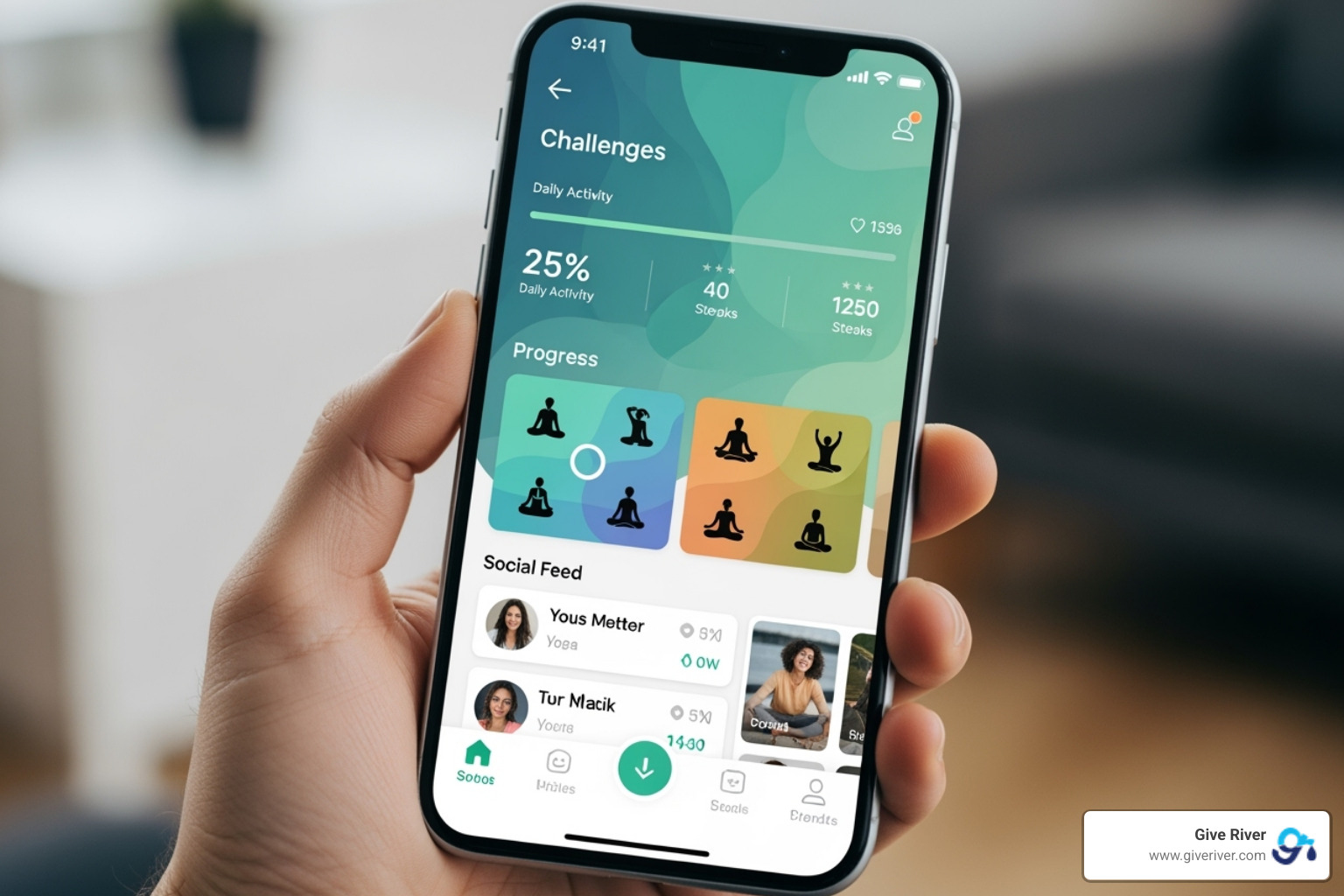 A mobile phone displaying a wellness app's user interface with challenge, progress, and social features. - employee wellness software