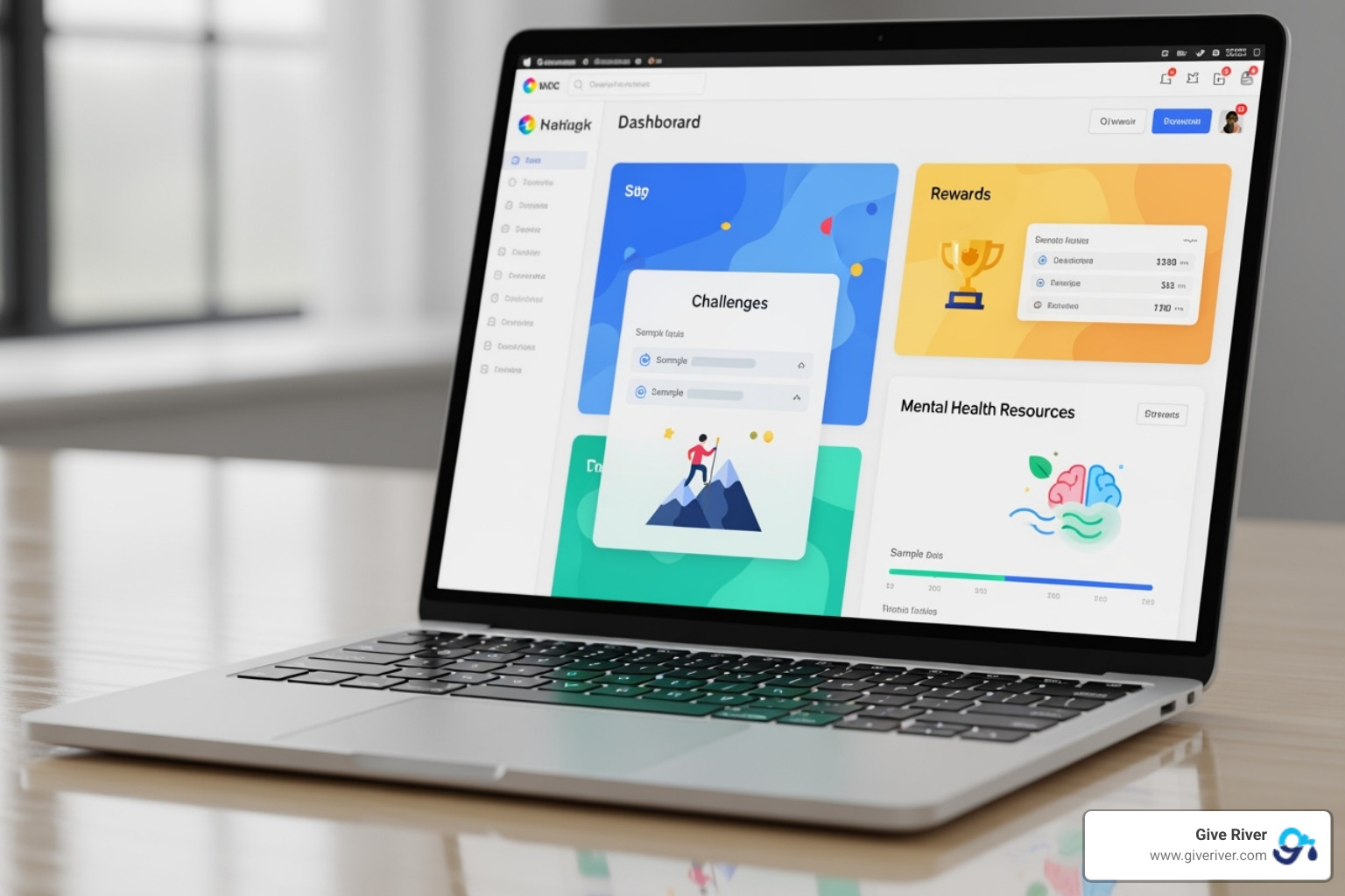 A software dashboard on a laptop showcasing various wellness modules like challenges, rewards, and mental health resources. - employee wellness software