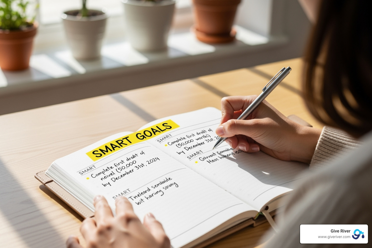 person writing in a planner with SMART goals highlighted - personal growth content