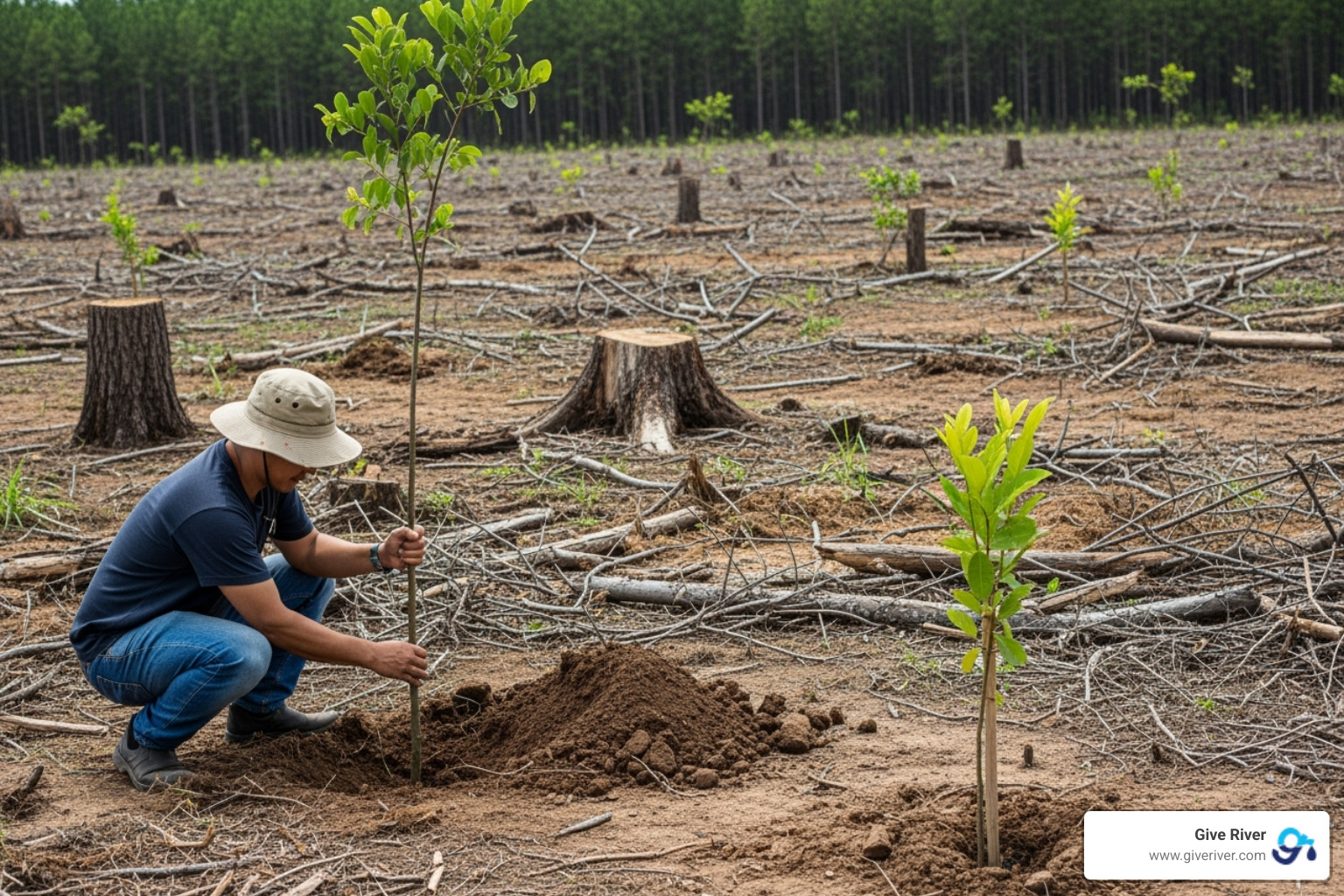 a person planting a tree in a deforested area - types of csr initiatives