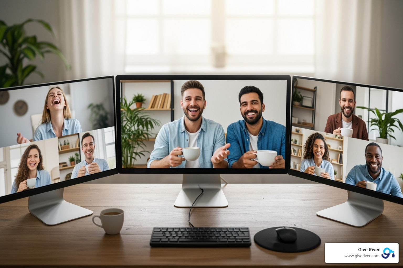 a team laughing during a virtual coffee chat - activities for colleagues working from home