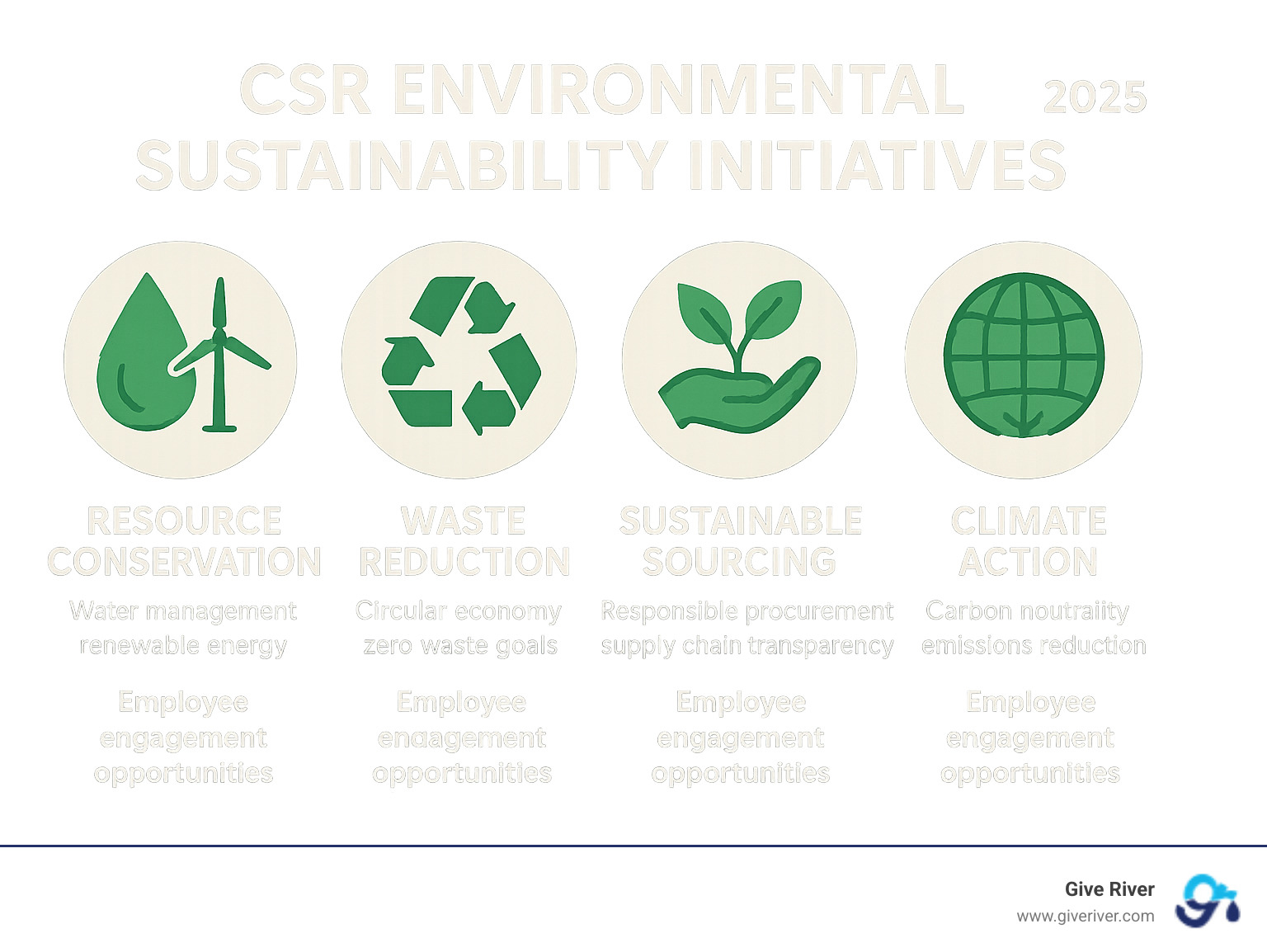 Comprehensive breakdown of CSR environmental sustainability initiatives showing four core pillars: Resource Conservation (water management, renewable energy), Waste Reduction (circular economy, zero waste goals), Sustainable Sourcing (responsible procurement, supply chain transparency), and Climate Action (carbon neutrality, emissions reduction), with employee engagement opportunities highlighted for each pillar - csr environmental sustainability initiatives infographic 