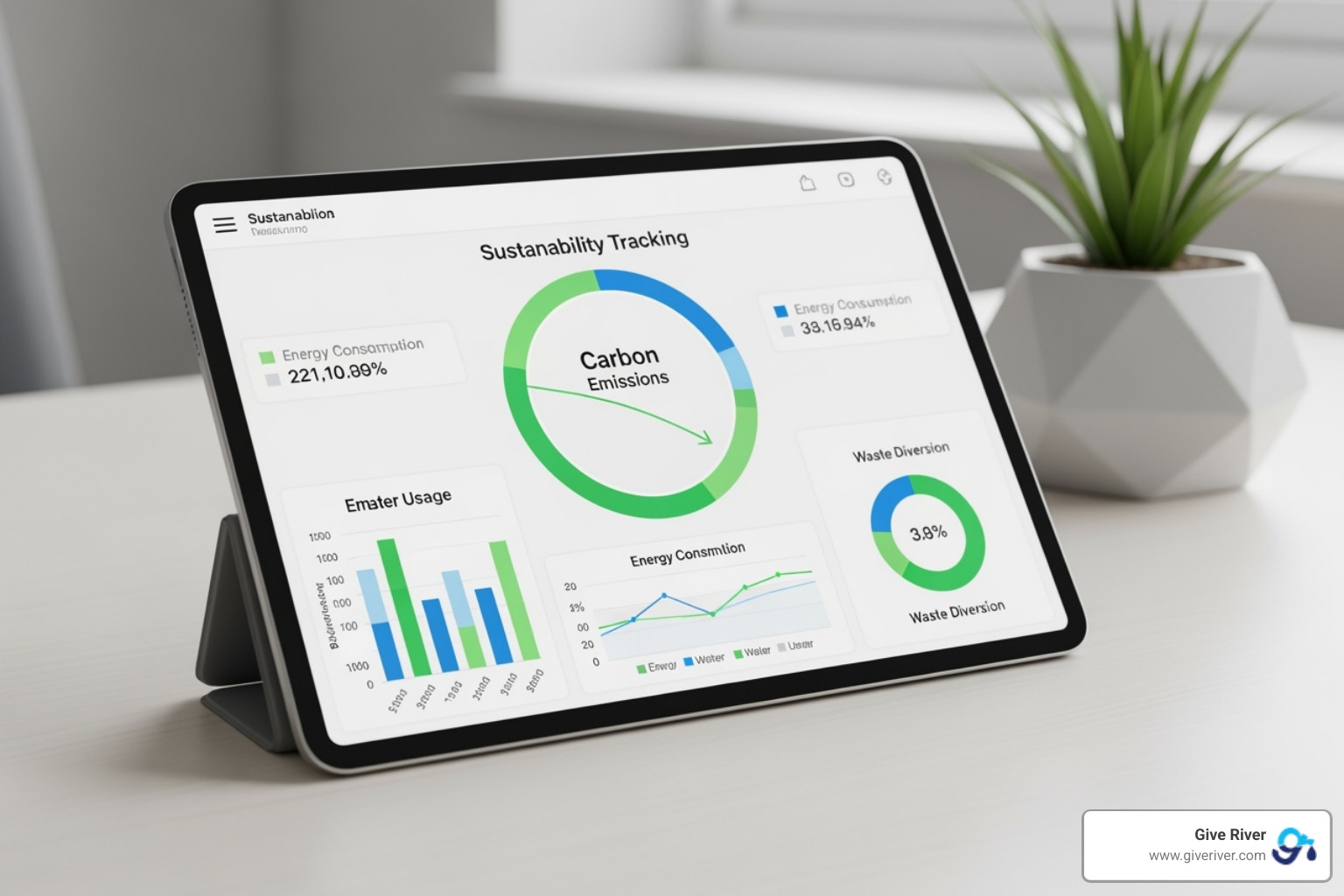 A sleek sustainability tracking dashboard displayed on a tablet, showing real-time data on carbon emissions, energy consumption, waste diversion, and water usage, with clear charts and graphs for easy interpretation. - csr environmental sustainability initiatives