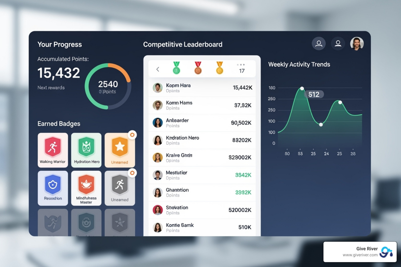 Digital wellness platform dashboard showing points, badges, and a leaderboard - Employee wellness gamification