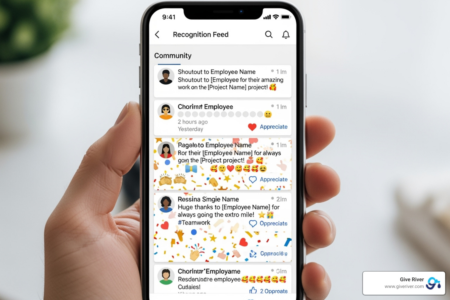 A mobile app interface showing a social feed with various peer recognition notifications and comments, including emojis and small avatars, demonstrating real-time appreciation - workplace rewards platform