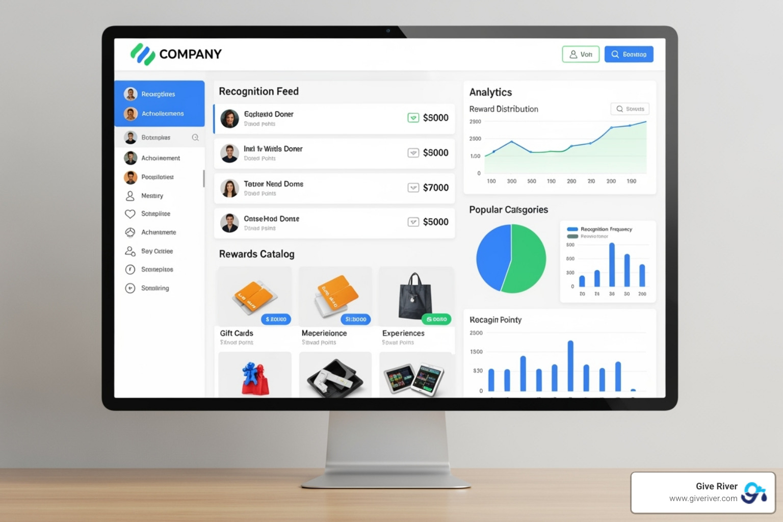 A workplace rewards platform dashboard showing custom branding and configurable options, with various modules like recognition feed, rewards catalog, and analytics, all branded with a hypothetical company's logo and colors - workplace rewards platform