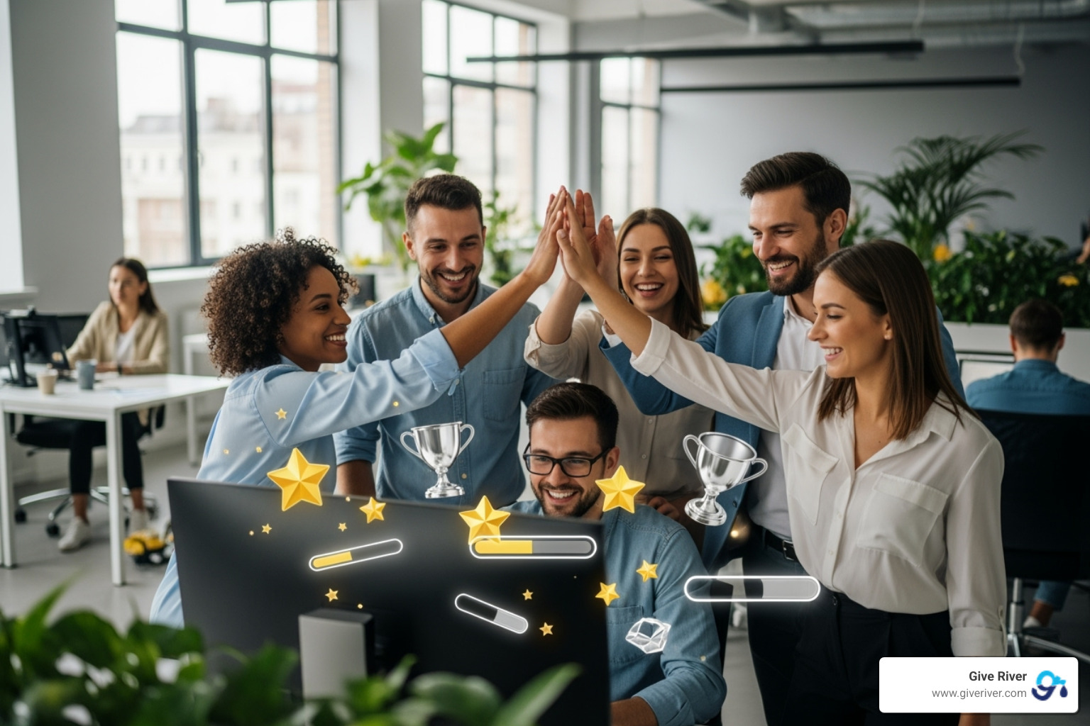 A diverse team of people collaborating and celebrating in an office, with subtle game-like icons (stars, trophies, progress bars) floating around them, symbolizing gamified success and shared achievement - Gamified personal growth A diverse team of people collaborating and celebrating in an office, with subtle game-like icons (stars, trophies, progress bars) floating around them, symbolizing gamified success and shared achievement - Gamified personal growth