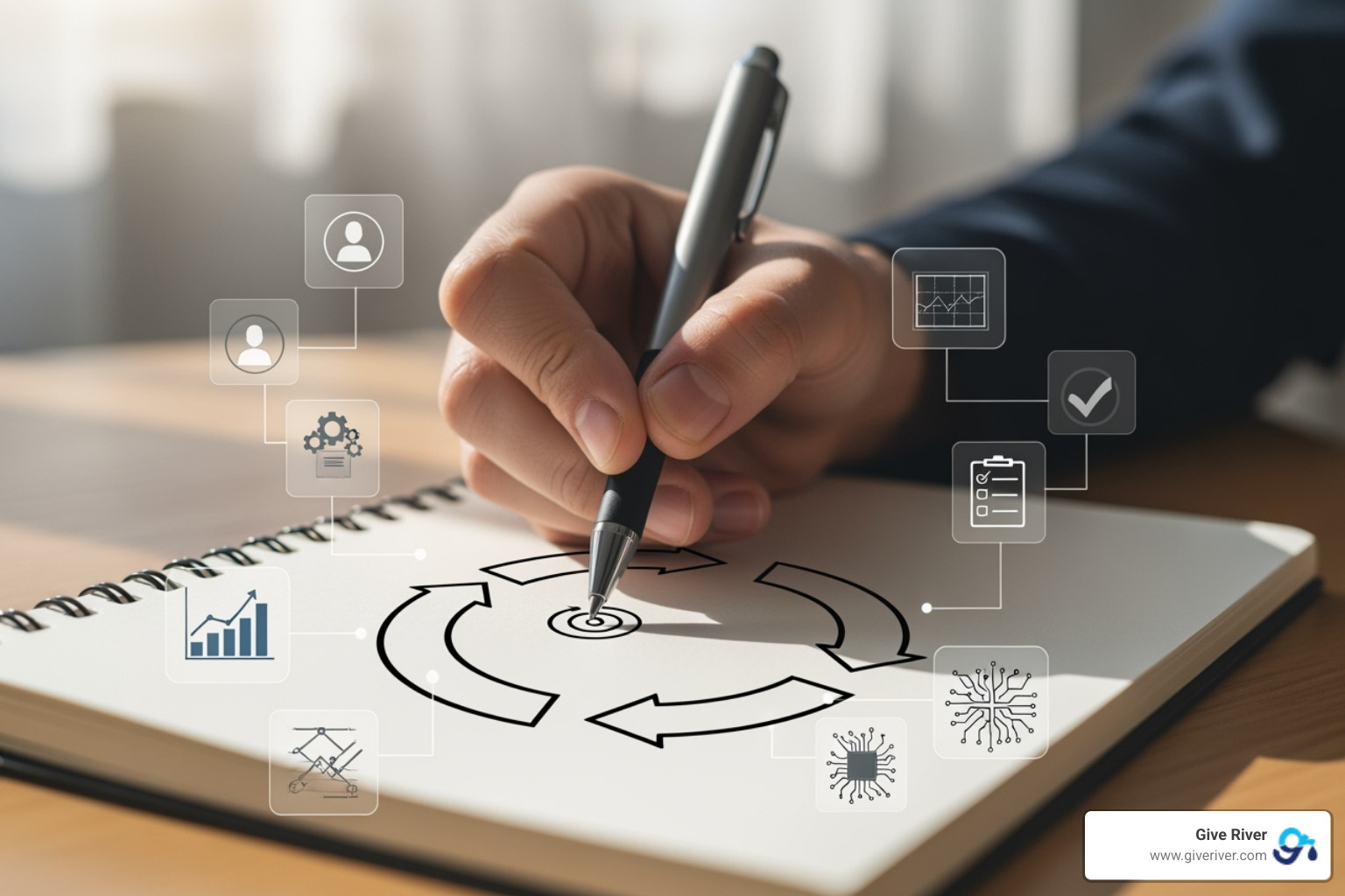A person's hand drawing a "core loop" diagram on a notepad, illustrating Trigger -> Action -> Feedback -> Bridge, surrounded by symbols of personalization, progress tracking, and system design - Gamified personal growth A person's hand drawing a "core loop" diagram on a notepad, illustrating Trigger -> Action -> Feedback -> Bridge, surrounded by symbols of personalization, progress tracking, and system design - Gamified personal growth