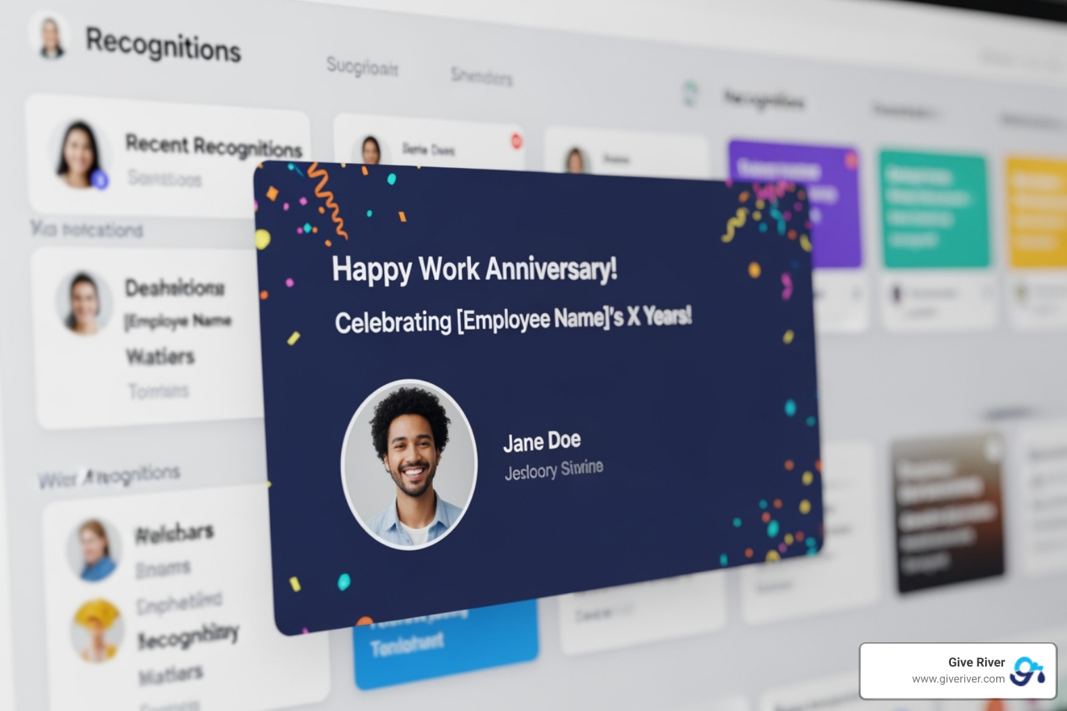 recognition platform dashboard showing an anniversary notification - work anniversary award