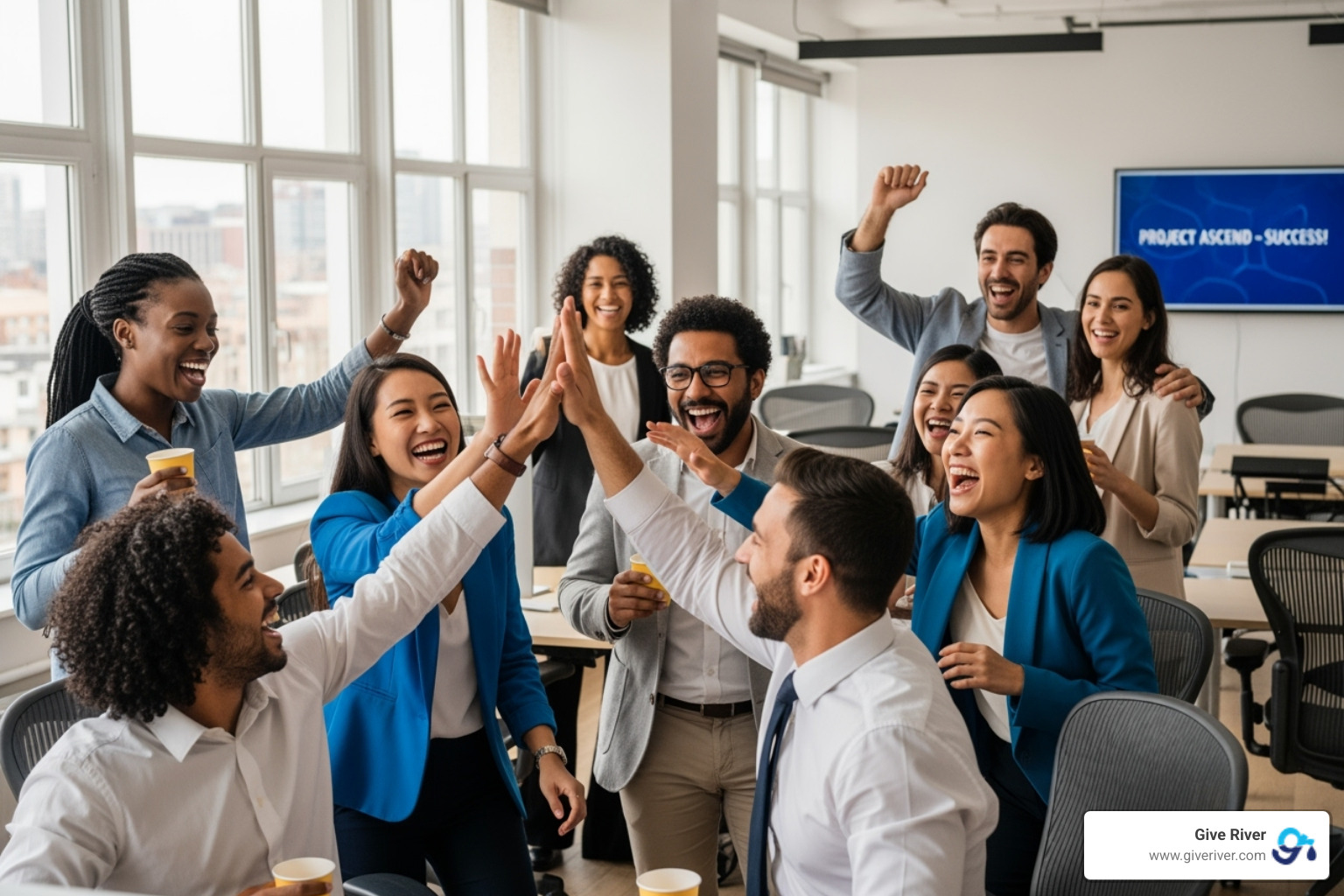 A diverse group of employees celebrating a successful project, demonstrating high morale and teamwork - staff motivation techniques A diverse group of employees celebrating a successful project, demonstrating high morale and teamwork - staff motivation techniques