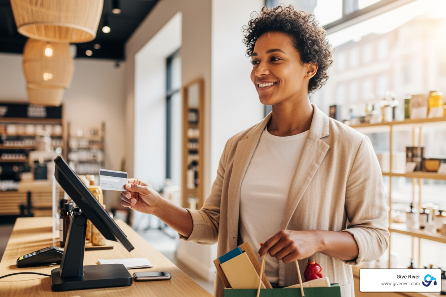 Person confidently making a purchase, symbolizing financial freedom - Financial wellness education Person confidently making a purchase, symbolizing financial freedom - Financial wellness education