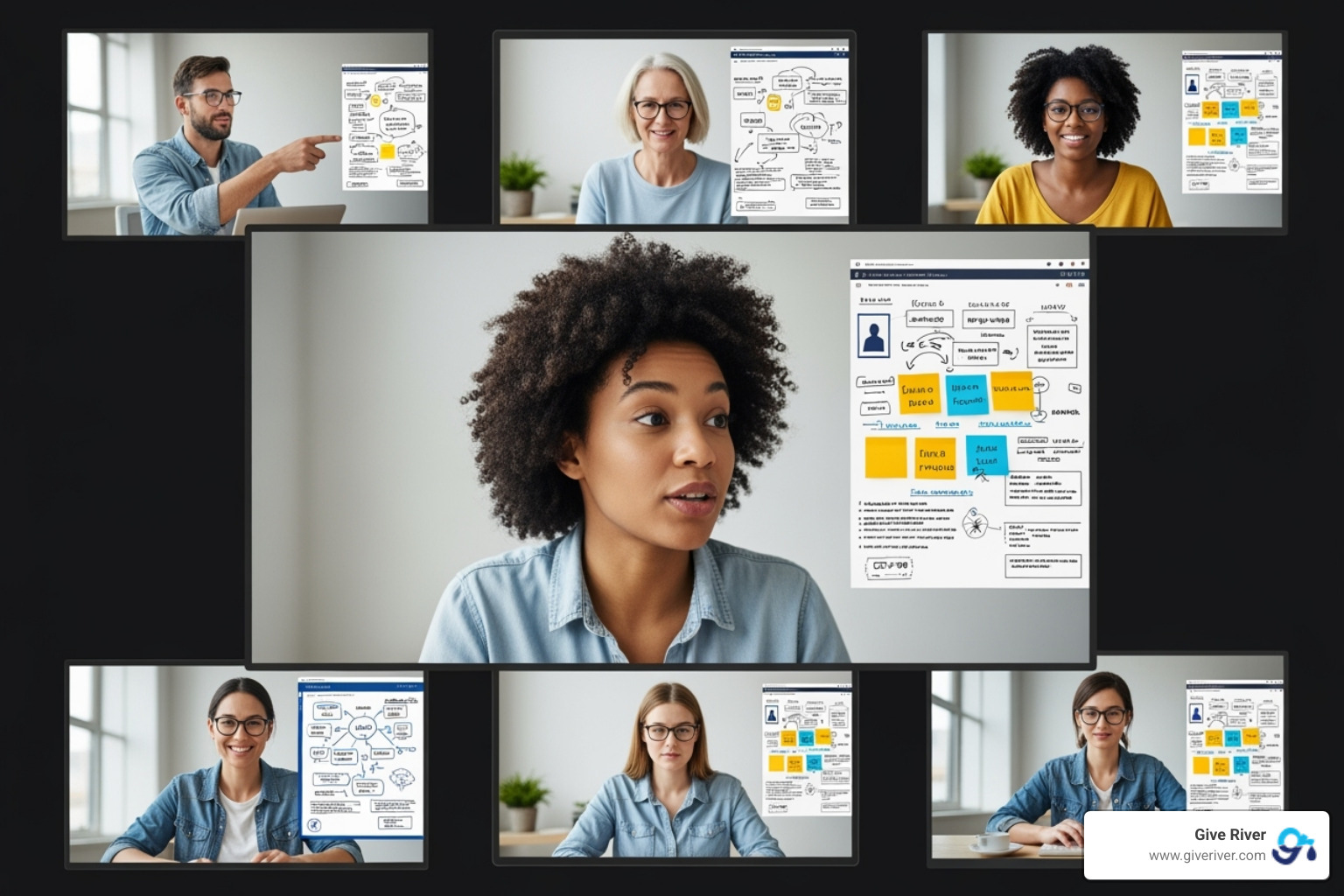A team collaborating on a Give River challenge via video call, showing multiple participants on screens actively discussing and working together on a shared digital interface. - online group games A team collaborating on a Give River challenge via video call, showing multiple participants on screens actively discussing and working together on a shared digital interface. - online group games