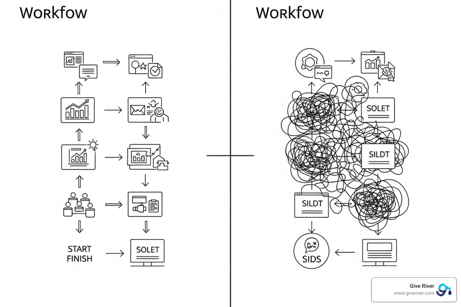 A streamlined workflow diagram contrasted with a chaotic, siloed one - digital collaboration in the workplace
