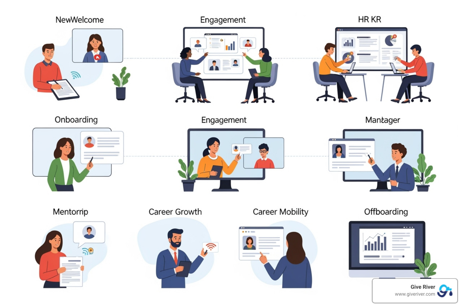 Image illustrating the key touchpoints of a tech-improved employee journey from onboarding to offboarding - HR technology trends Image illustrating the key touchpoints of a tech-improved employee journey from onboarding to offboarding - HR technology trends
