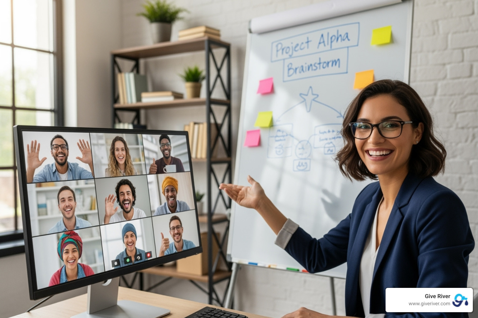 An image of a cheerful manager leading a virtual team meeting, with team members actively engaged and laughing on their screens. The manager is pointing to a whiteboard with "Team Fun Day" written on it. - fun games to play with work team online An image of a cheerful manager leading a virtual team meeting, with team members actively engaged and laughing on their screens. The manager is pointing to a whiteboard with "Team Fun Day" written on it. - fun games to play with work team online