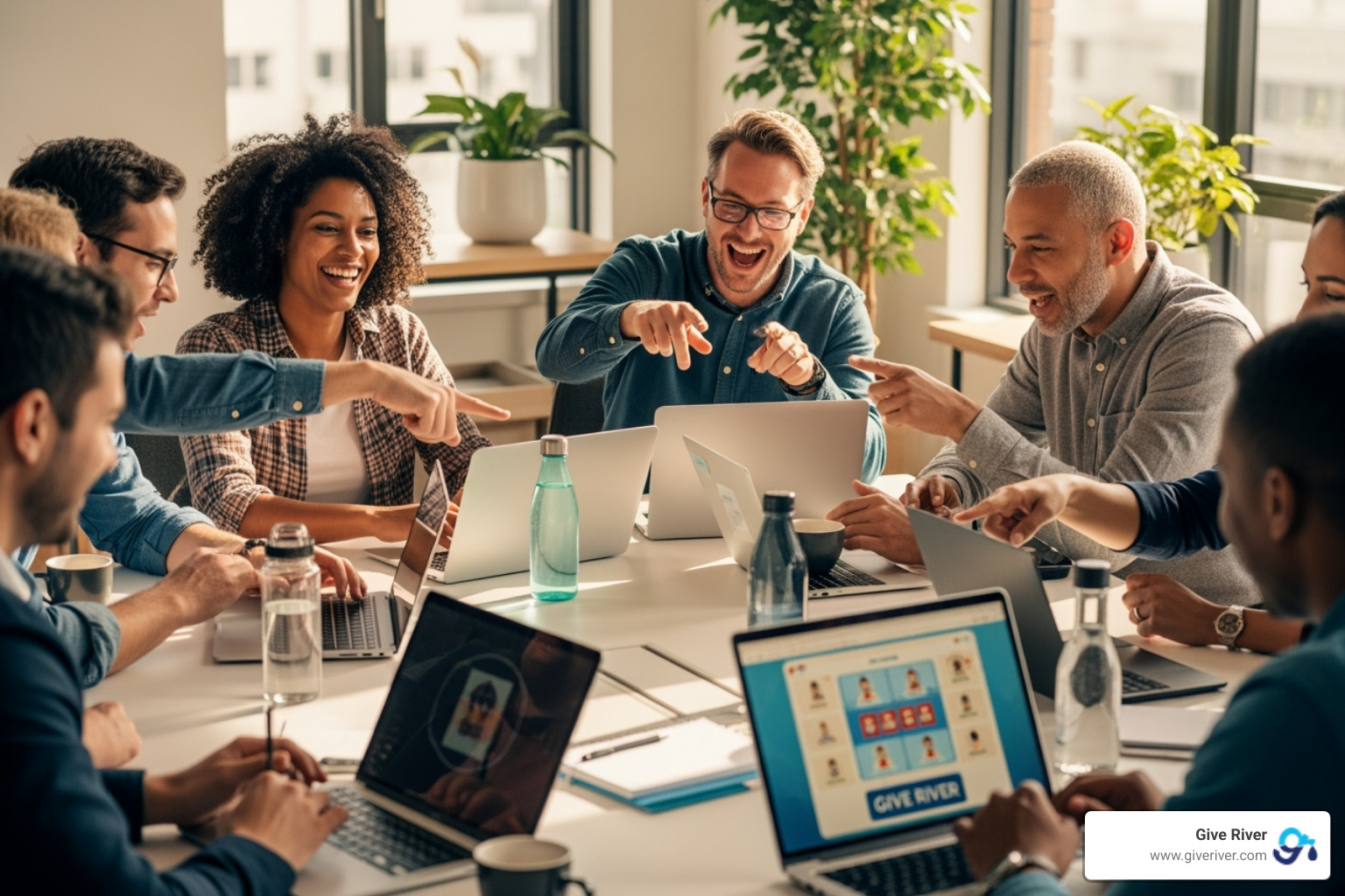An image of a diverse group of employees laughing and interacting during a virtual team building game on their laptops, with the Give River logo subtly visible in the corner of the screen - fun games to play with work team online An image of a diverse group of employees laughing and interacting during a virtual team building game on their laptops, with the Give River logo subtly visible in the corner of the screen - fun games to play with work team online